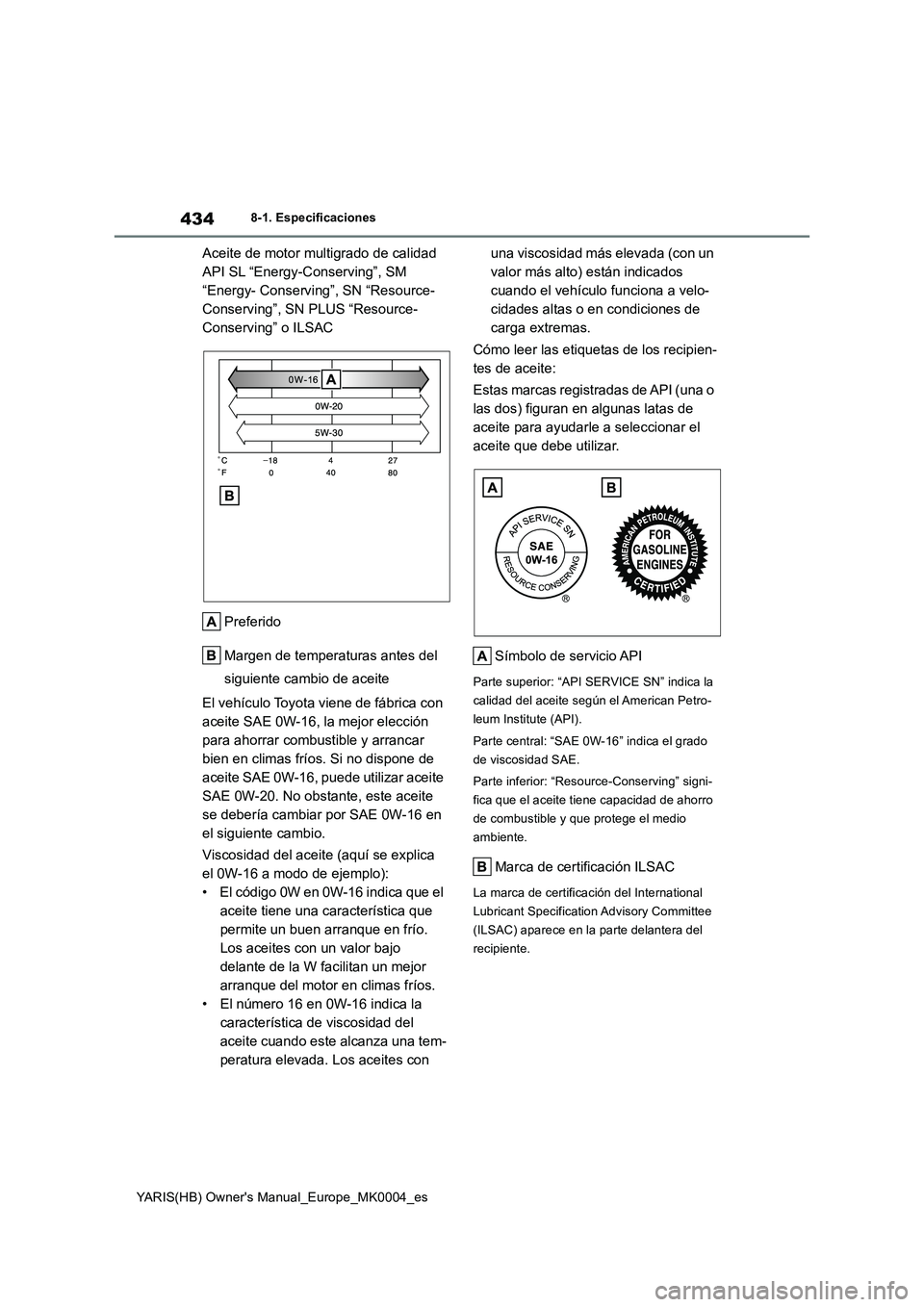 TOYOTA YARIS 2021 Manuale de Empleo (in Spanish) 434
YARIS(HB) Owners Manual_Europe_MK0004_es
8-1. Especificaciones
Aceite de motor multigrado de calidad
API SL “Energy-Conserving”, SM
“Energy- Conserving”, SN “Resource-
Conserving”, TOYOTA YARIS 2021 Manuale de Empleo (in Spanish) 434
YARIS(HB) Owners Manual_Europe_MK0004_es
8-1. Especificaciones
Aceite de motor multigrado de calidad
API SL “Energy-Conserving”, SM
“Energy- Conserving”, SN “Resource-
Conserving”,