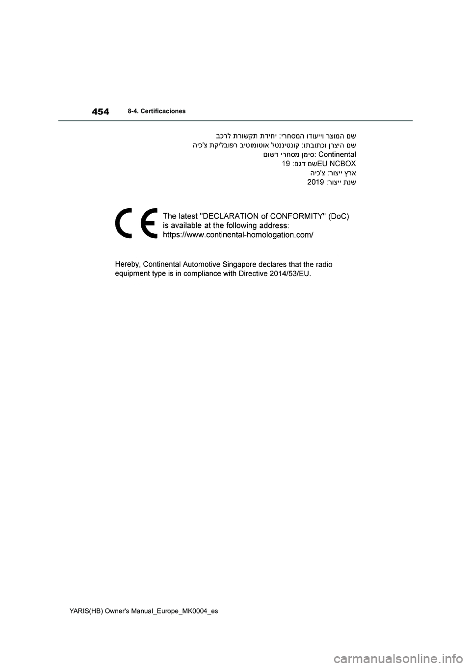 TOYOTA YARIS 2021 Manuale de Empleo (in Spanish) 454
YARIS(HB) Owners Manual_Europe_MK0004_es
8-4. Certificaciones TOYOTA YARIS 2021 Manuale de Empleo (in Spanish) 454
YARIS(HB) Owners Manual_Europe_MK0004_es
8-4. Certificaciones