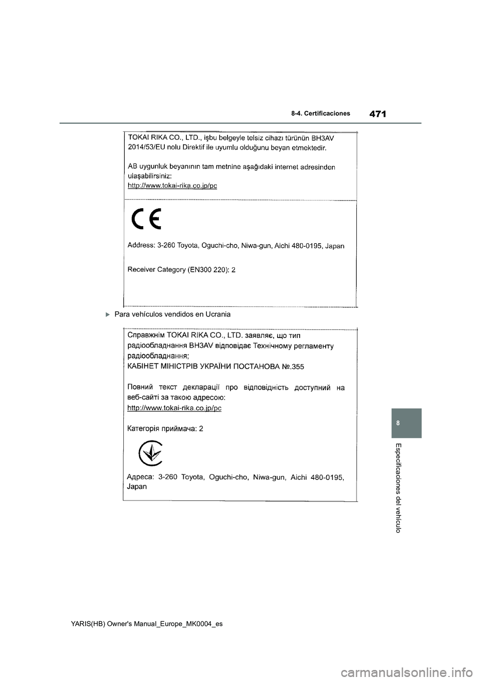 TOYOTA YARIS 2021 Manuale de Empleo (in Spanish) 471
8
YARIS(HB) Owners Manual_Europe_MK0004_es
8-4. Certificaciones
Especificaciones del vehículo
Para vehículos vendidos en Ucrania TOYOTA YARIS 2021 Manuale de Empleo (in Spanish) 471
8
YARIS(HB) Owners Manual_Europe_MK0004_es
8-4. Certificaciones
Especificaciones del vehículo
Para vehículos vendidos en Ucrania