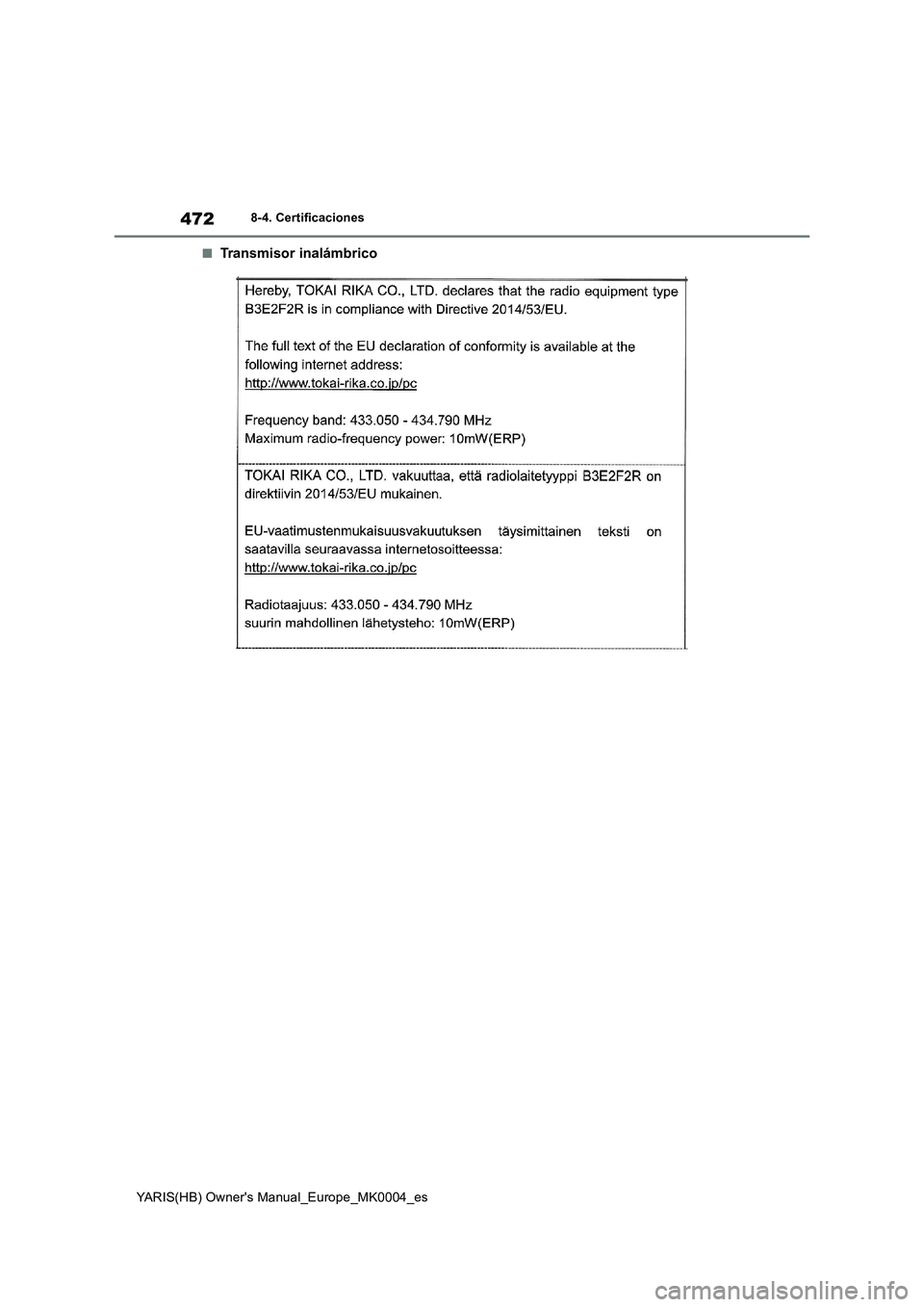 TOYOTA YARIS 2021 Manuale de Empleo (in Spanish) 472
YARIS(HB) Owners Manual_Europe_MK0004_es
8-4. Certificaciones
■Transmisor inalámbrico TOYOTA YARIS 2021 Manuale de Empleo (in Spanish) 472
YARIS(HB) Owners Manual_Europe_MK0004_es
8-4. Certificaciones
■Transmisor inalámbrico