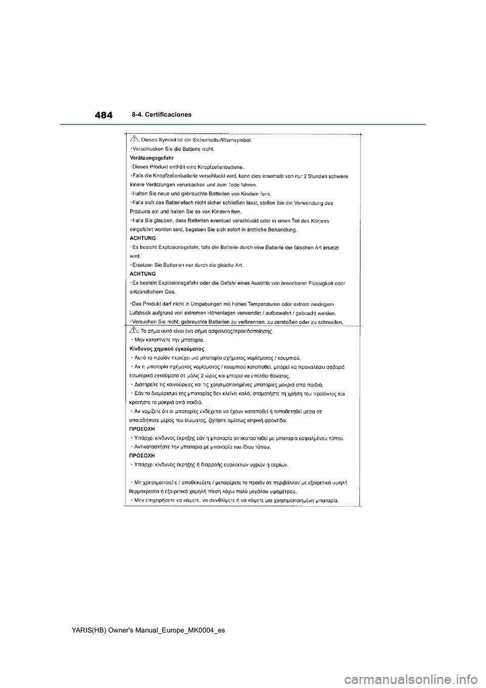 TOYOTA YARIS 2021 Manuale de Empleo (in Spanish) 484
YARIS(HB) Owners Manual_Europe_MK0004_es
8-4. Certificaciones TOYOTA YARIS 2021 Manuale de Empleo (in Spanish) 484
YARIS(HB) Owners Manual_Europe_MK0004_es
8-4. Certificaciones