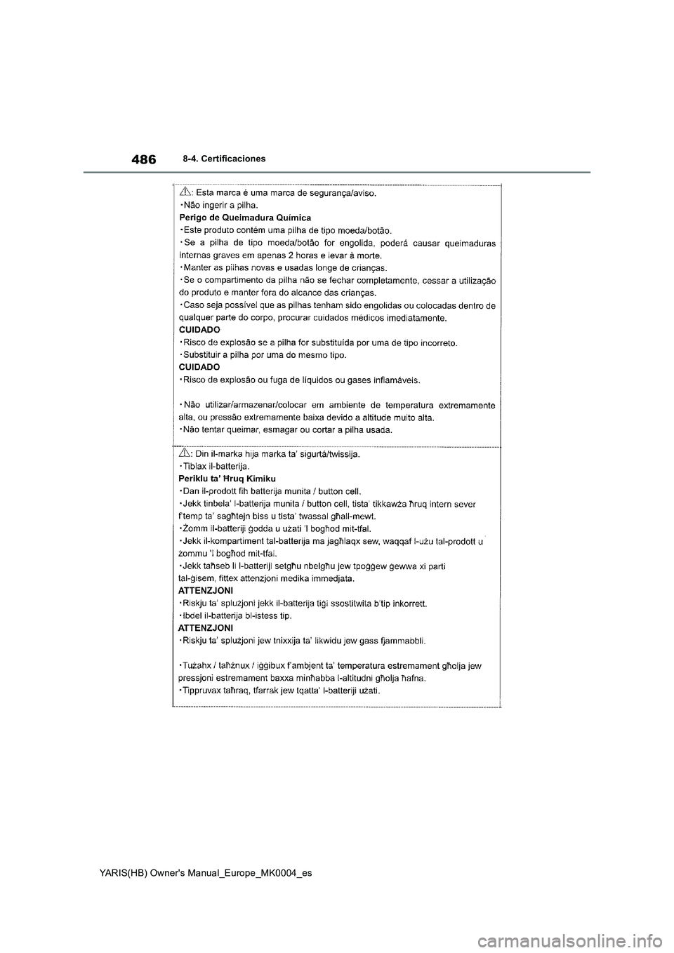 TOYOTA YARIS 2021 Manuale de Empleo (in Spanish) 486
YARIS(HB) Owners Manual_Europe_MK0004_es
8-4. Certificaciones TOYOTA YARIS 2021 Manuale de Empleo (in Spanish) 486
YARIS(HB) Owners Manual_Europe_MK0004_es
8-4. Certificaciones