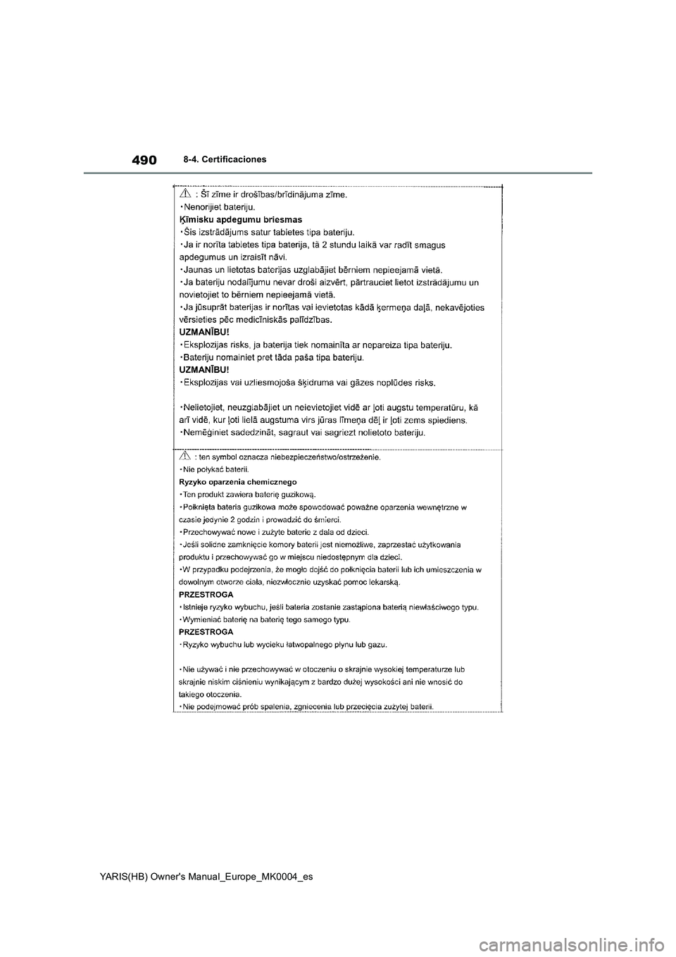 TOYOTA YARIS 2021 Manuale de Empleo (in Spanish) 490
YARIS(HB) Owners Manual_Europe_MK0004_es
8-4. Certificaciones TOYOTA YARIS 2021 Manuale de Empleo (in Spanish) 490
YARIS(HB) Owners Manual_Europe_MK0004_es
8-4. Certificaciones