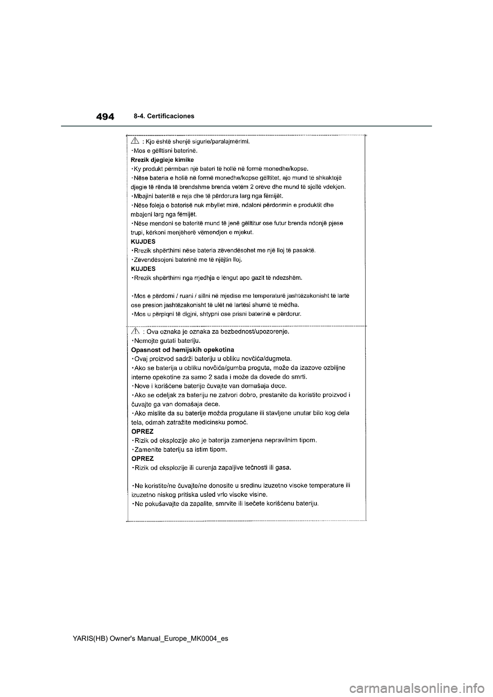 TOYOTA YARIS 2021 Manuale de Empleo (in Spanish) 494
YARIS(HB) Owners Manual_Europe_MK0004_es
8-4. Certificaciones TOYOTA YARIS 2021 Manuale de Empleo (in Spanish) 494
YARIS(HB) Owners Manual_Europe_MK0004_es
8-4. Certificaciones