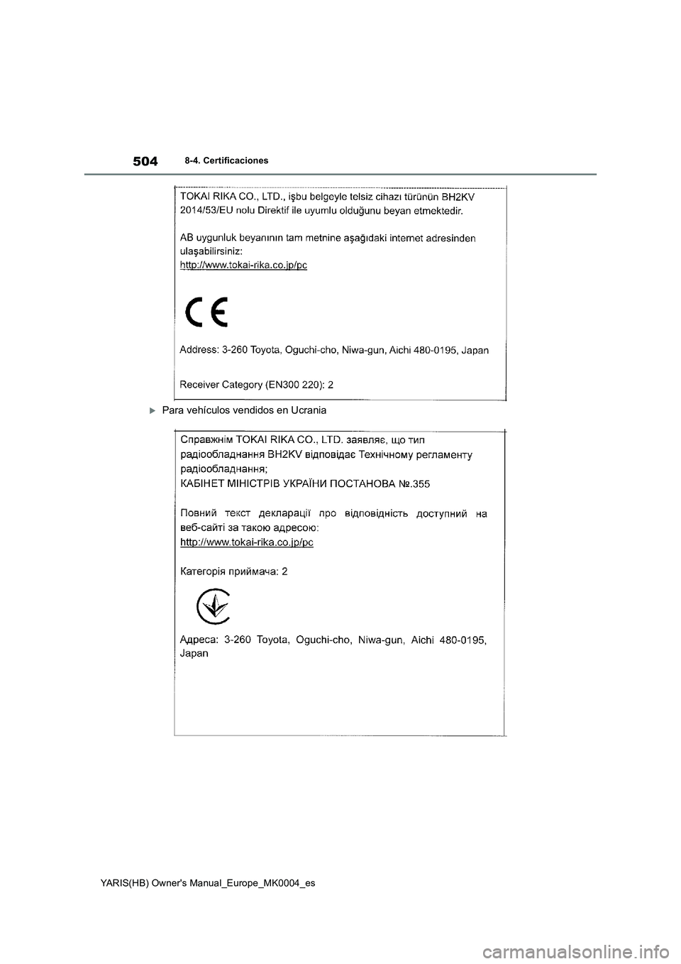 TOYOTA YARIS 2021 Manuale de Empleo (in Spanish) 504
YARIS(HB) Owners Manual_Europe_MK0004_es
8-4. Certificaciones
Para vehículos vendidos en Ucrania TOYOTA YARIS 2021 Manuale de Empleo (in Spanish) 504
YARIS(HB) Owners Manual_Europe_MK0004_es
8-4. Certificaciones
Para vehículos vendidos en Ucrania