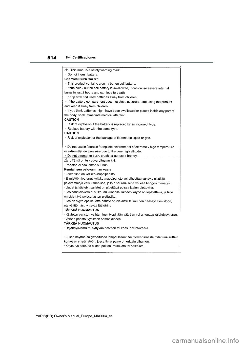 TOYOTA YARIS 2021 Manuale de Empleo (in Spanish) 514
YARIS(HB) Owners Manual_Europe_MK0004_es
8-4. Certificaciones TOYOTA YARIS 2021 Manuale de Empleo (in Spanish) 514
YARIS(HB) Owners Manual_Europe_MK0004_es
8-4. Certificaciones