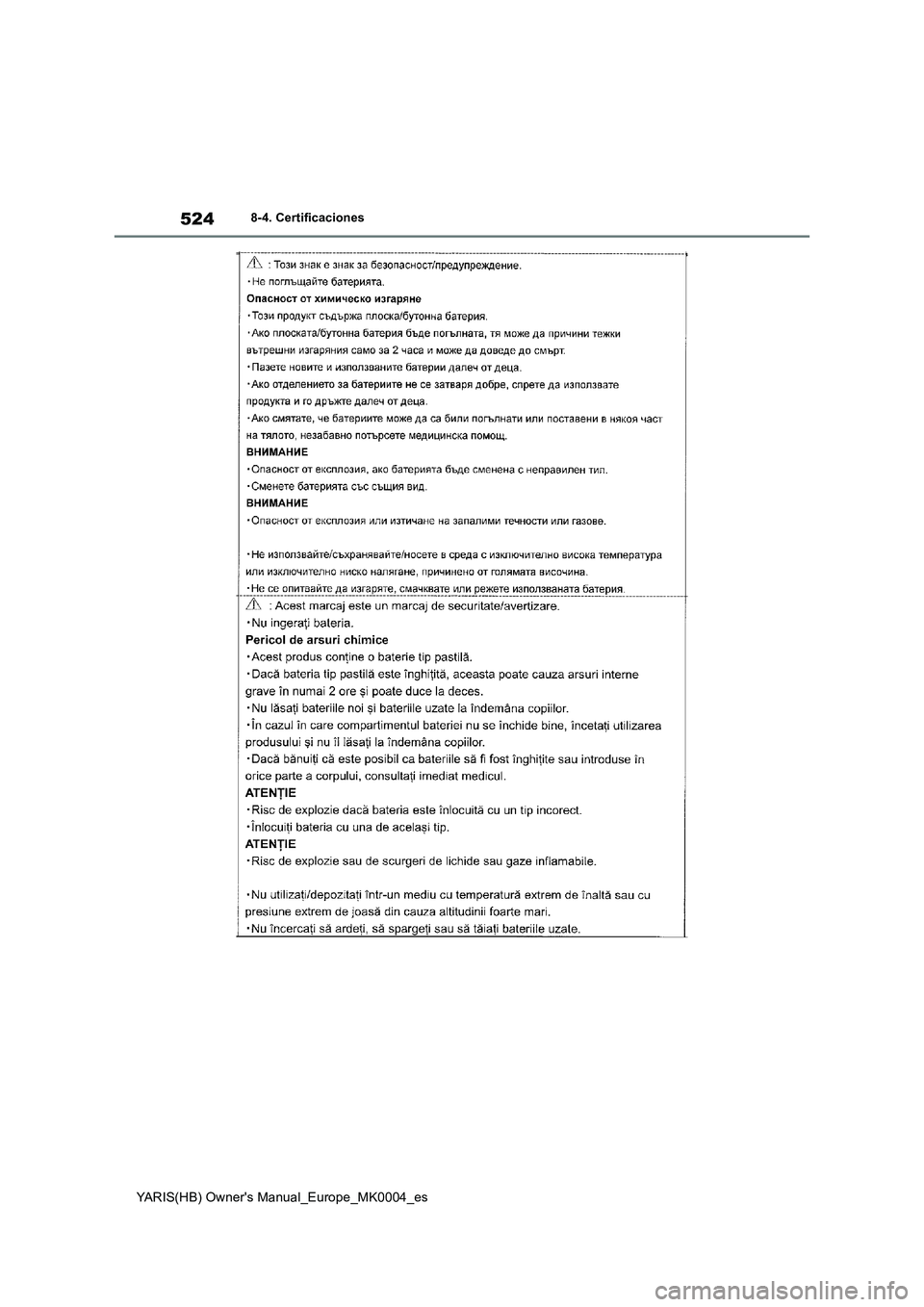 TOYOTA YARIS 2021 Manuale de Empleo (in Spanish) 524
YARIS(HB) Owners Manual_Europe_MK0004_es
8-4. Certificaciones TOYOTA YARIS 2021 Manuale de Empleo (in Spanish) 524
YARIS(HB) Owners Manual_Europe_MK0004_es
8-4. Certificaciones