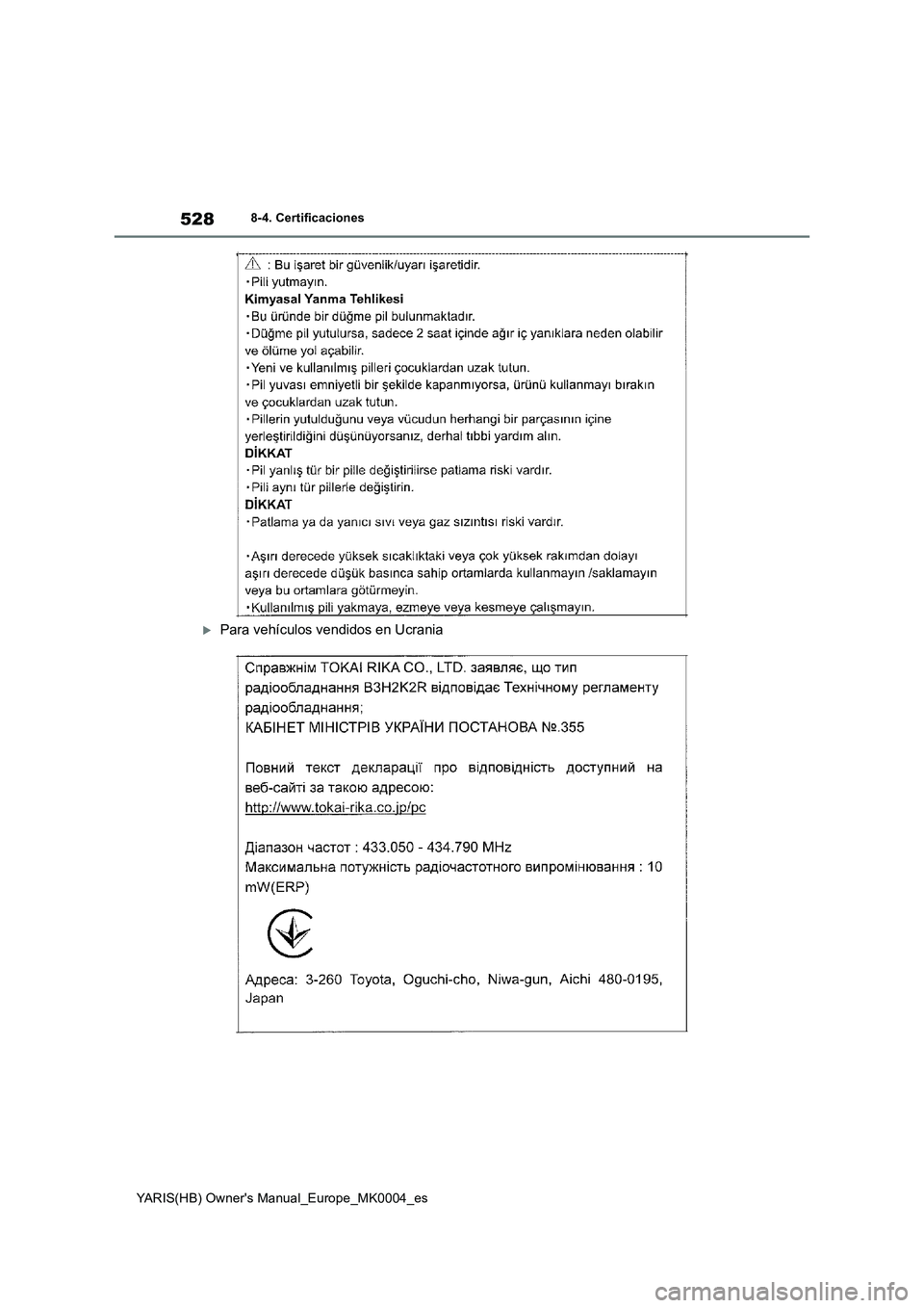 TOYOTA YARIS 2021 Manuale de Empleo (in Spanish) 528
YARIS(HB) Owners Manual_Europe_MK0004_es
8-4. Certificaciones
Para vehículos vendidos en Ucrania TOYOTA YARIS 2021 Manuale de Empleo (in Spanish) 528
YARIS(HB) Owners Manual_Europe_MK0004_es
8-4. Certificaciones
Para vehículos vendidos en Ucrania