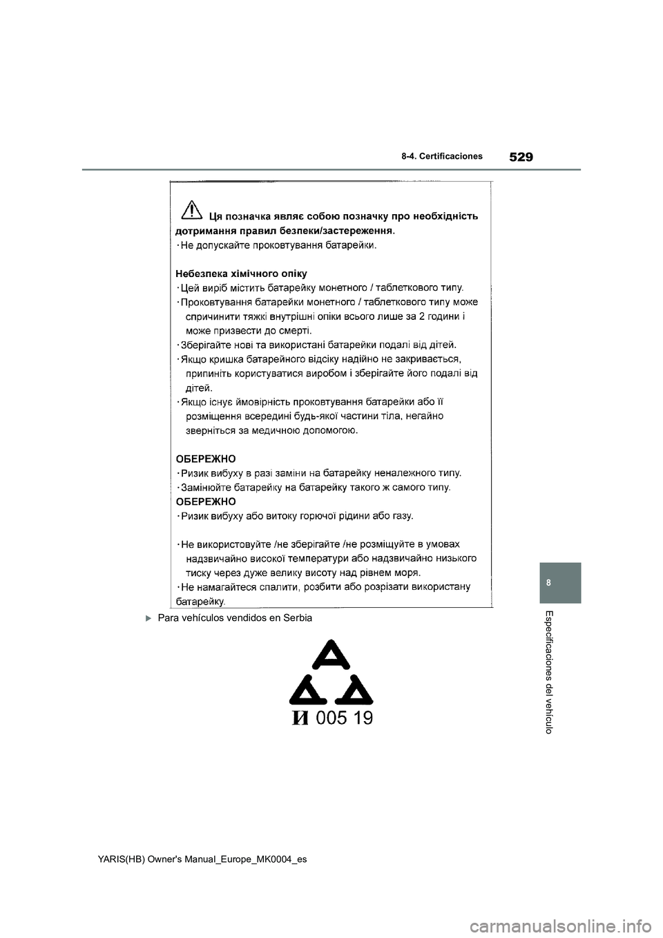 TOYOTA YARIS 2021 Manuale de Empleo (in Spanish) 529
8
YARIS(HB) Owners Manual_Europe_MK0004_es
8-4. Certificaciones
Especificaciones del vehículoPara vehículos vendidos en Serbia TOYOTA YARIS 2021 Manuale de Empleo (in Spanish) 529
8
YARIS(HB) Owners Manual_Europe_MK0004_es
8-4. Certificaciones
Especificaciones del vehículoPara vehículos vendidos en Serbia