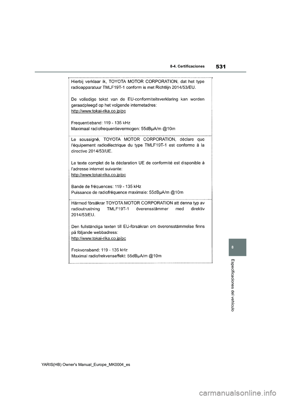 TOYOTA YARIS 2021 Manuale de Empleo (in Spanish) 531
8
YARIS(HB) Owners Manual_Europe_MK0004_es
8-4. Certificaciones
Especificaciones del vehículo TOYOTA YARIS 2021 Manuale de Empleo (in Spanish) 531
8
YARIS(HB) Owners Manual_Europe_MK0004_es
8-4. Certificaciones
Especificaciones del vehículo