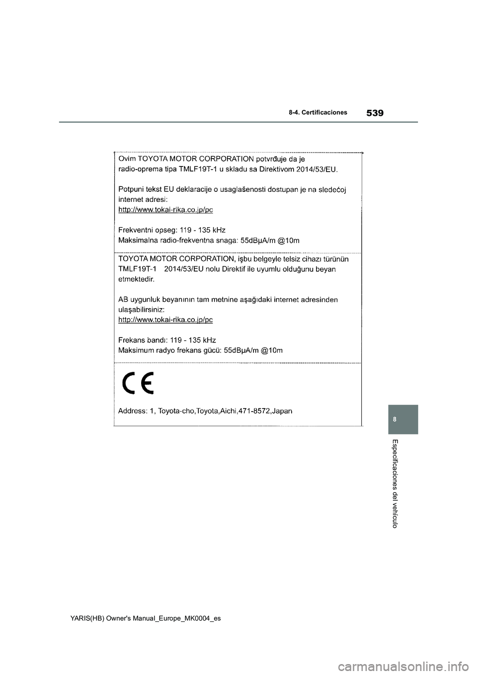 TOYOTA YARIS 2021 Manuale de Empleo (in Spanish) 539
8
YARIS(HB) Owners Manual_Europe_MK0004_es
8-4. Certificaciones
Especificaciones del vehículo TOYOTA YARIS 2021 Manuale de Empleo (in Spanish) 539
8
YARIS(HB) Owners Manual_Europe_MK0004_es
8-4. Certificaciones
Especificaciones del vehículo