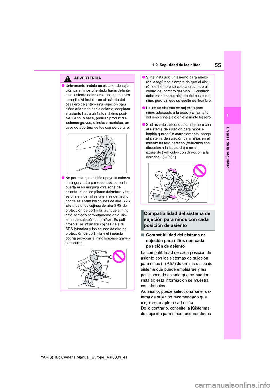 TOYOTA YARIS 2021 Manuale de Empleo (in Spanish) 55
1
YARIS(HB) Owners Manual_Europe_MK0004_es
1-2. Seguridad de los niños
En aras de la seguridad
■Compatibilidad del sistema de
sujeción para niños con cada
posición de asiento
La compatib TOYOTA YARIS 2021 Manuale de Empleo (in Spanish) 55
1
YARIS(HB) Owners Manual_Europe_MK0004_es
1-2. Seguridad de los niños
En aras de la seguridad
■Compatibilidad del sistema de
sujeción para niños con cada
posición de asiento
La compatib