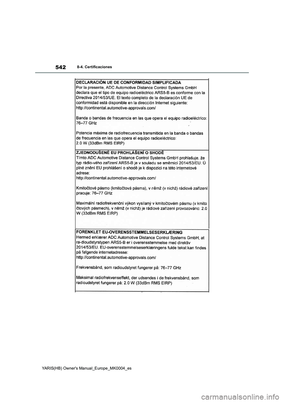 TOYOTA YARIS 2021 Manuale de Empleo (in Spanish) 542
YARIS(HB) Owners Manual_Europe_MK0004_es
8-4. Certificaciones TOYOTA YARIS 2021 Manuale de Empleo (in Spanish) 542
YARIS(HB) Owners Manual_Europe_MK0004_es
8-4. Certificaciones