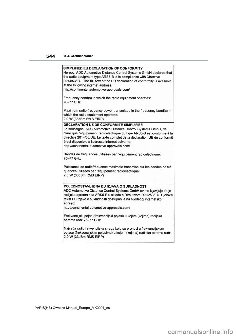 TOYOTA YARIS 2021 Manuale de Empleo (in Spanish) 544
YARIS(HB) Owners Manual_Europe_MK0004_es
8-4. Certificaciones TOYOTA YARIS 2021 Manuale de Empleo (in Spanish) 544
YARIS(HB) Owners Manual_Europe_MK0004_es
8-4. Certificaciones