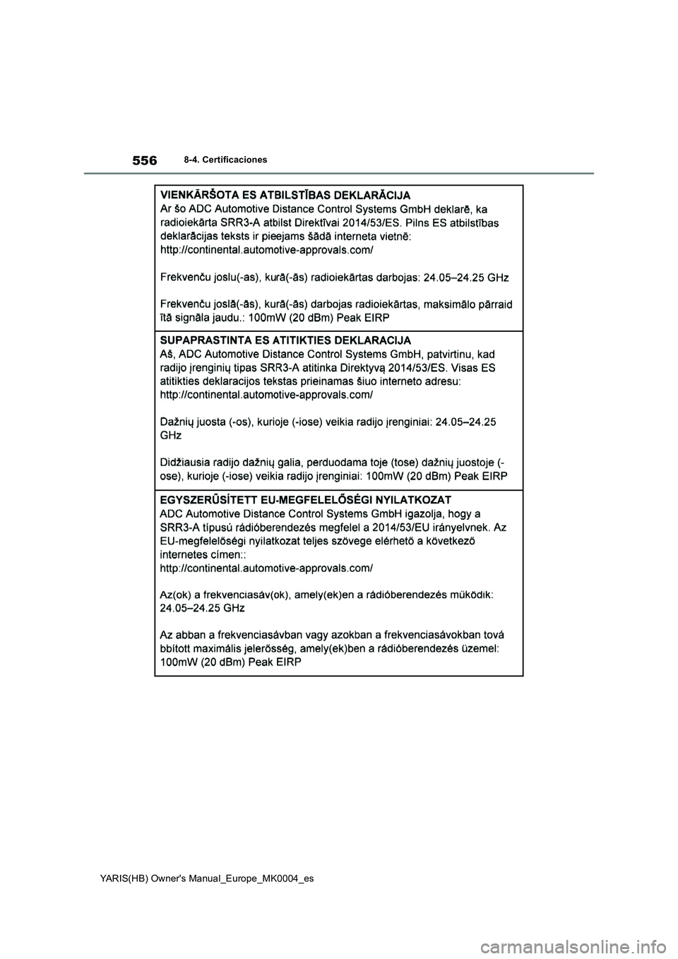 TOYOTA YARIS 2021  Manuale de Empleo (in Spanish) 556
YARIS(HB) Owners Manual_Europe_MK0004_es
8-4. Certificaciones 