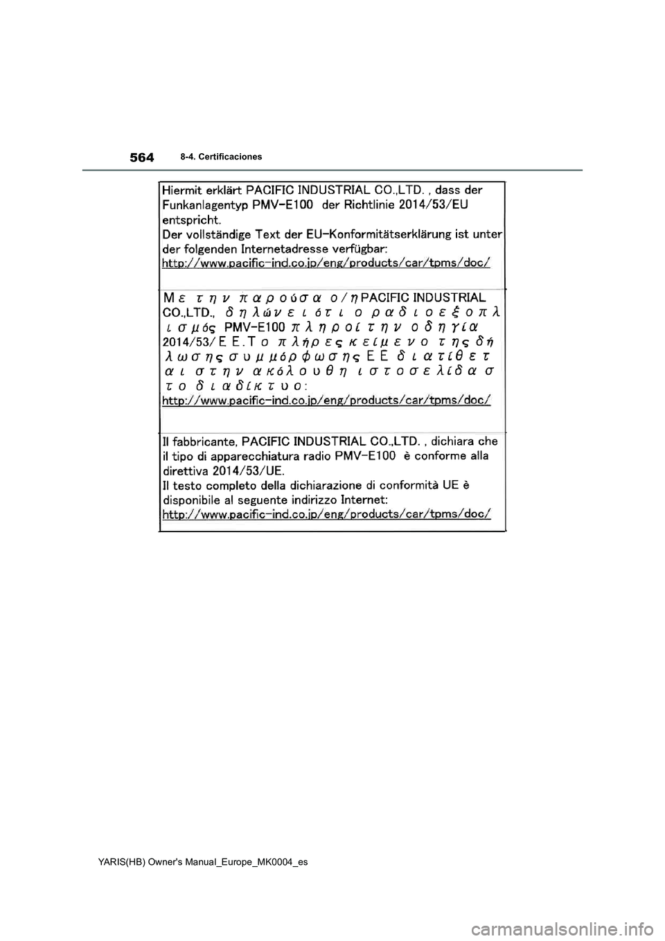 TOYOTA YARIS 2021 Manuale de Empleo (in Spanish) 564
YARIS(HB) Owners Manual_Europe_MK0004_es
8-4. Certificaciones TOYOTA YARIS 2021 Manuale de Empleo (in Spanish) 564
YARIS(HB) Owners Manual_Europe_MK0004_es
8-4. Certificaciones