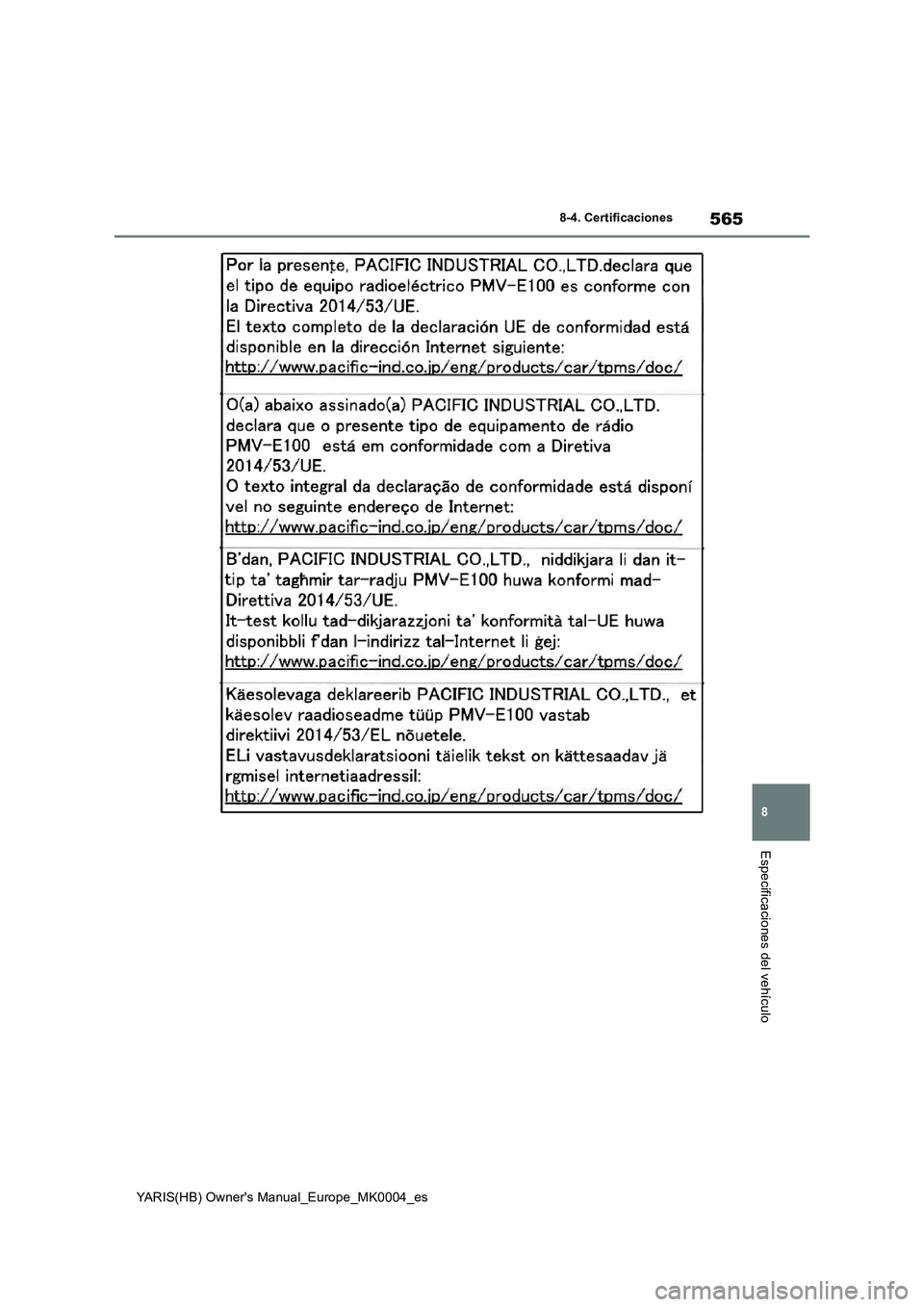 TOYOTA YARIS 2021 Manuale de Empleo (in Spanish) 565
8
YARIS(HB) Owners Manual_Europe_MK0004_es
8-4. Certificaciones
Especificaciones del vehículo TOYOTA YARIS 2021 Manuale de Empleo (in Spanish) 565
8
YARIS(HB) Owners Manual_Europe_MK0004_es
8-4. Certificaciones
Especificaciones del vehículo