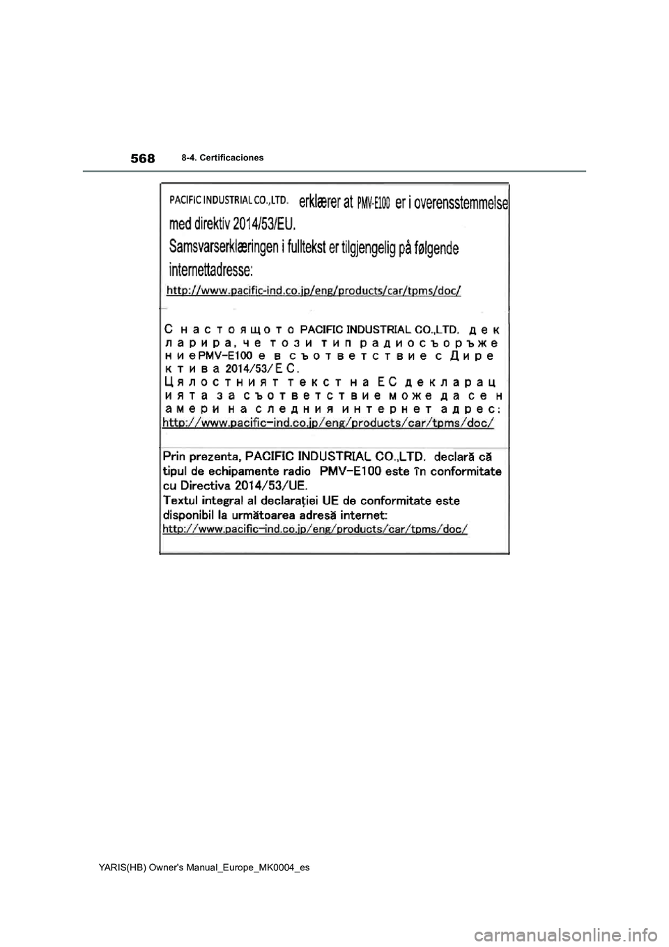 TOYOTA YARIS 2021 Manuale de Empleo (in Spanish) 568
YARIS(HB) Owners Manual_Europe_MK0004_es
8-4. Certificaciones TOYOTA YARIS 2021 Manuale de Empleo (in Spanish) 568
YARIS(HB) Owners Manual_Europe_MK0004_es
8-4. Certificaciones