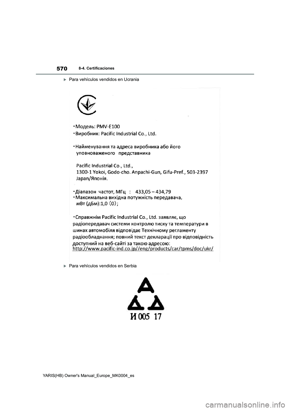 TOYOTA YARIS 2021 Manuale de Empleo (in Spanish) 570
YARIS(HB) Owners Manual_Europe_MK0004_es
8-4. Certificaciones
Para vehículos vendidos en Ucrania
Para vehículos vendidos en Serbia TOYOTA YARIS 2021 Manuale de Empleo (in Spanish) 570
YARIS(HB) Owners Manual_Europe_MK0004_es
8-4. Certificaciones
Para vehículos vendidos en Ucrania
Para vehículos vendidos en Serbia