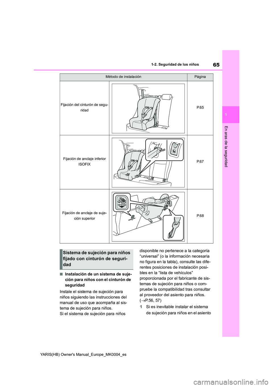 TOYOTA YARIS 2021  Manuale de Empleo (in Spanish) 65
1
YARIS(HB) Owners Manual_Europe_MK0004_es
1-2. Seguridad de los niños
En aras de la seguridad
■Instalación de un sistema de suje- 
ción para niños con el cinturón de 
seguridad 
Instale el