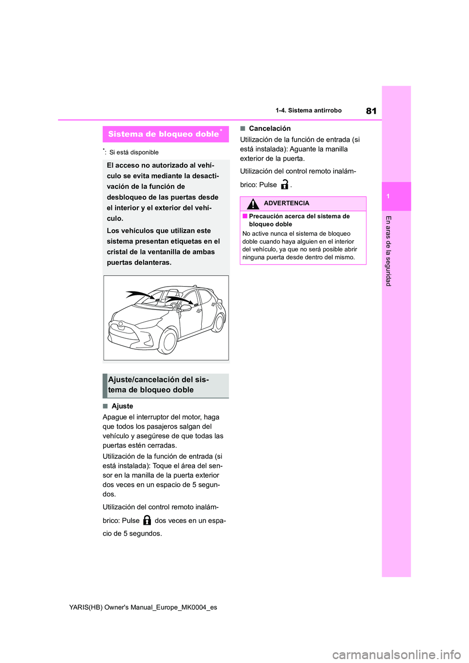 TOYOTA YARIS 2021  Manuale de Empleo (in Spanish) 81
1
YARIS(HB) Owners Manual_Europe_MK0004_es
1-4. Sistema antirrobo
En aras de la seguridad
*: Si está disponible
■Ajuste 
Apague el interruptor del motor, haga  
que todos los pasajeros salgan d