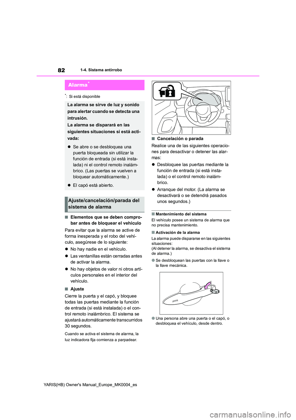 TOYOTA YARIS 2021  Manuale de Empleo (in Spanish) 82
YARIS(HB) Owners Manual_Europe_MK0004_es
1-4. Sistema antirrobo
*: Si está disponible
■Elementos que se deben compro- 
bar antes de bloquear el vehículo 
Para evitar que la alarma se active de