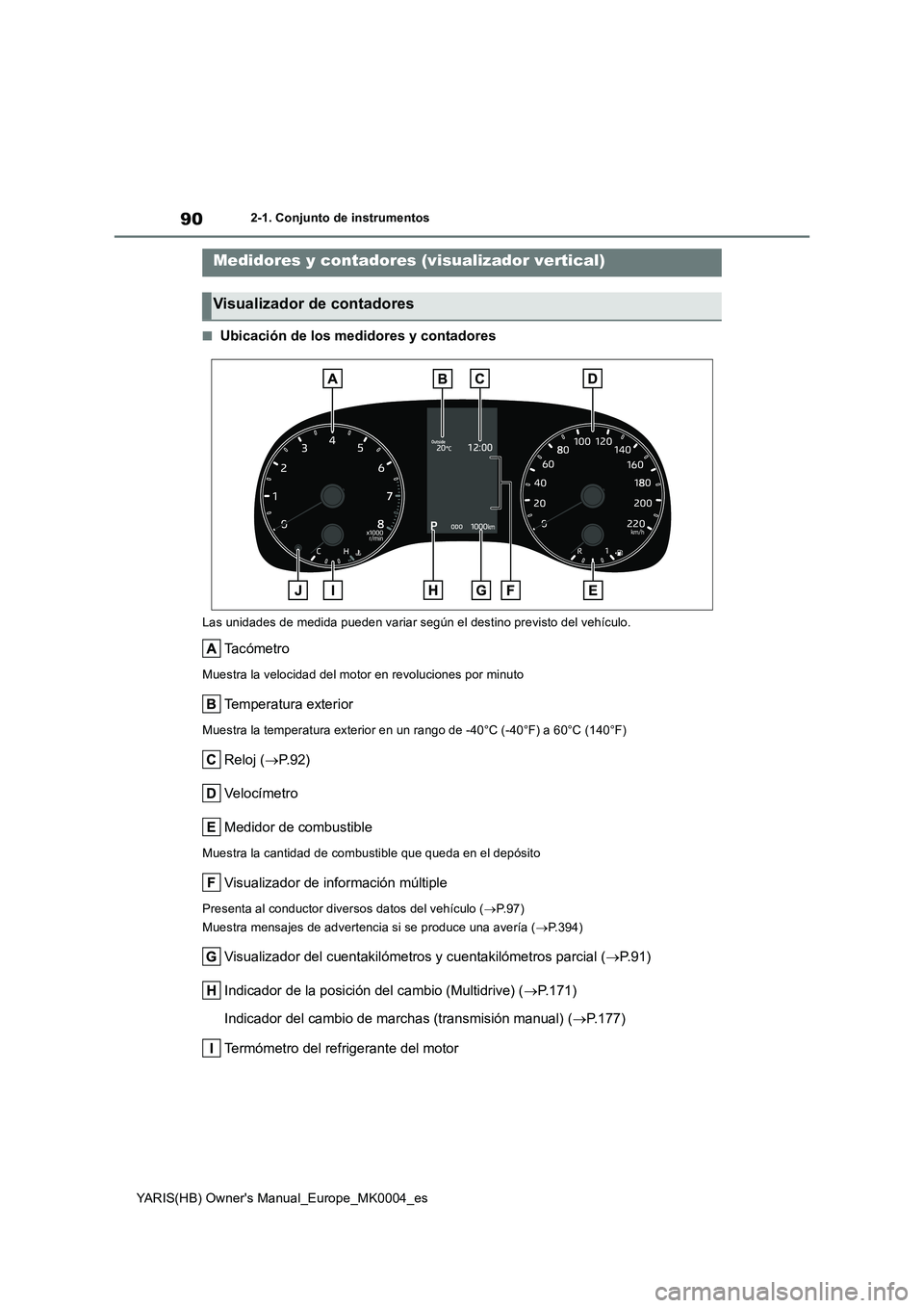 TOYOTA YARIS 2021  Manuale de Empleo (in Spanish) 90
YARIS(HB) Owners Manual_Europe_MK0004_es
2-1. Conjunto de instrumentos
■Ubicación de los medidores y contadores
Las unidades de medida pueden variar según el destino previsto del vehículo.
Ta