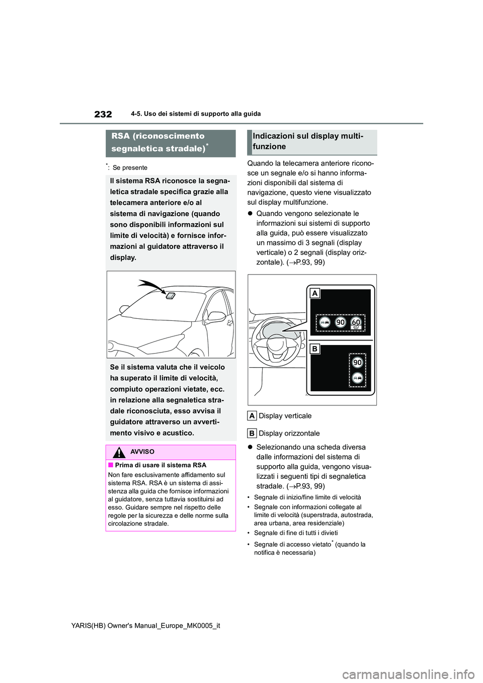 TOYOTA YARIS 2021  Manuale duso (in Italian) 232
YARIS(HB) Owners Manual_Europe_MK0005_it
4-5. Uso dei sistemi di supporto alla guida
*: Se presenteQuando la telecamera anteriore ricono- 
sce un segnale e/o si hanno informa-
zioni disponibili d