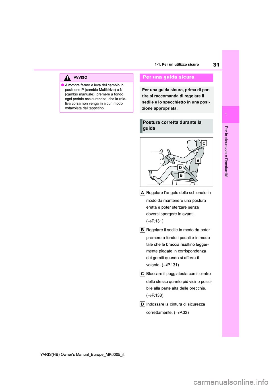 TOYOTA YARIS 2021  Manuale duso (in Italian) 31
1
YARIS(HB) Owners Manual_Europe_MK0005_it
1-1. Per un utilizzo sicuro
Per la sicurezza e l’incolumità
Regolare l’angolo dello schienale in  
modo da mantenere una postura  
eretta e poter st