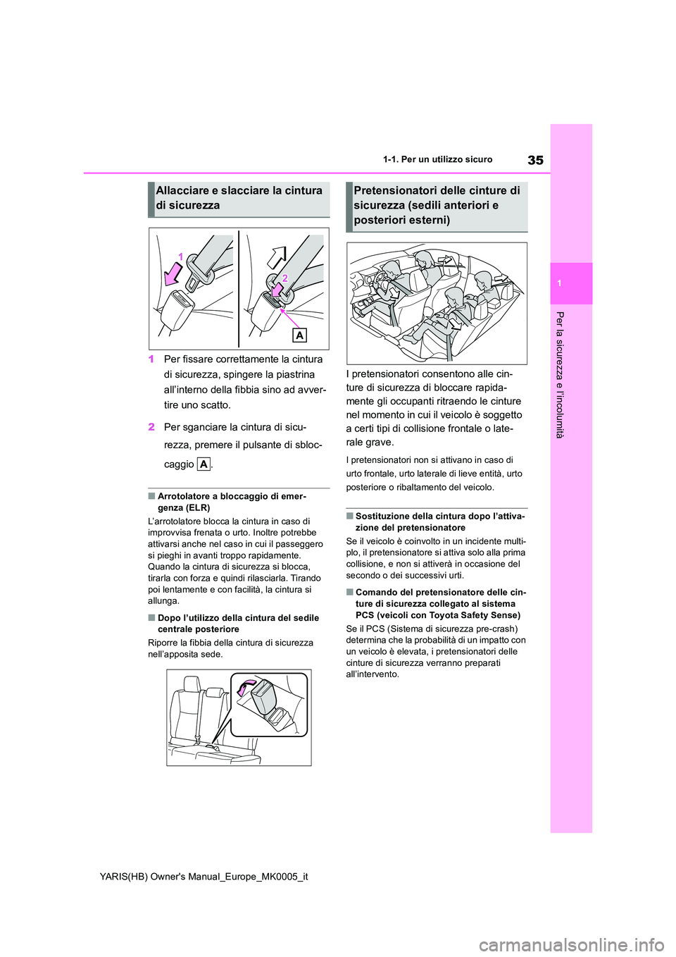 TOYOTA YARIS 2021  Manuale duso (in Italian) 35
1
YARIS(HB) Owners Manual_Europe_MK0005_it
1-1. Per un utilizzo sicuro
Per la sicurezza e l’incolumità
1Per fissare correttamente la cintura  
di sicurezza, spingere la piastrina  
all’intern