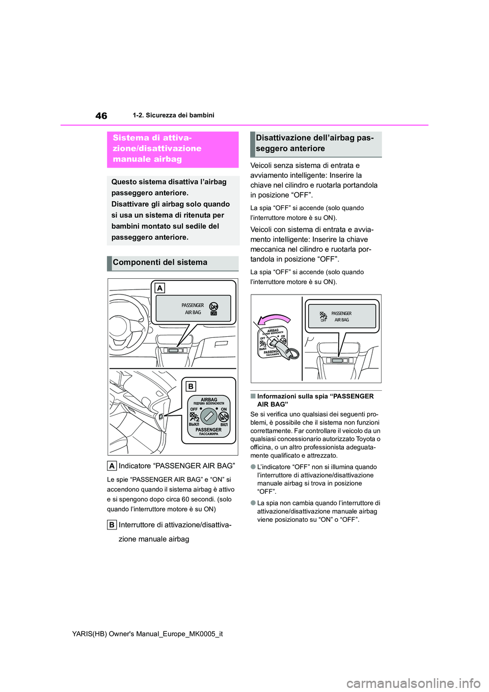 TOYOTA YARIS 2021 Manuale duso (in Italian) 46
YARIS(HB) Owners Manual_Europe_MK0005_it
1-2. Sicurezza dei bambini
1-2.Sicure zza de i bambini
Indicatore “PASSENGER AIR BAG”
Le spie “PASSENGER AIR BAG” e “ON” si
accendono quand TOYOTA YARIS 2021 Manuale duso (in Italian) 46
YARIS(HB) Owners Manual_Europe_MK0005_it
1-2. Sicurezza dei bambini
1-2.Sicure zza de i bambini
Indicatore “PASSENGER AIR BAG”
Le spie “PASSENGER AIR BAG” e “ON” si
accendono quand