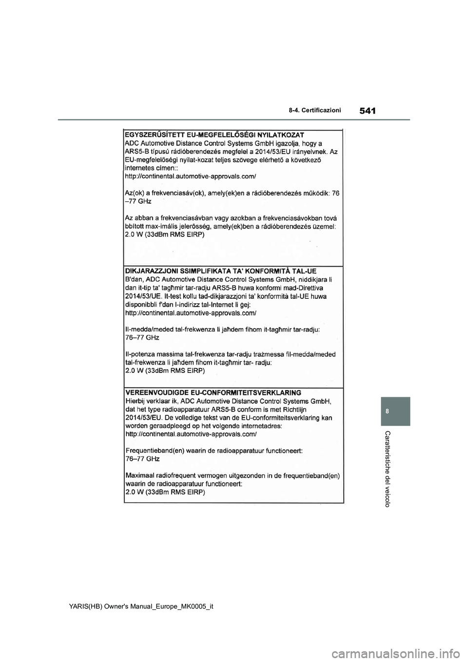 TOYOTA YARIS 2021 Manuale duso (in Italian) 541
8
YARIS(HB) Owners Manual_Europe_MK0005_it
8-4. Certificazioni
Caratteristiche del veicolo TOYOTA YARIS 2021 Manuale duso (in Italian) 541
8
YARIS(HB) Owners Manual_Europe_MK0005_it
8-4. Certificazioni
Caratteristiche del veicolo