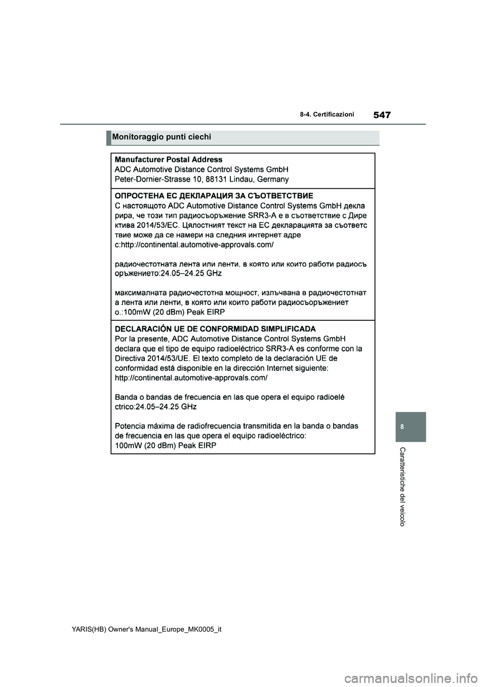 TOYOTA YARIS 2021 Manuale duso (in Italian) 547
8
YARIS(HB) Owners Manual_Europe_MK0005_it
8-4. Certificazioni
Caratteristiche del veicolo
Monitoraggio punti ciechi TOYOTA YARIS 2021 Manuale duso (in Italian) 547
8
YARIS(HB) Owners Manual_Europe_MK0005_it
8-4. Certificazioni
Caratteristiche del veicolo
Monitoraggio punti ciechi