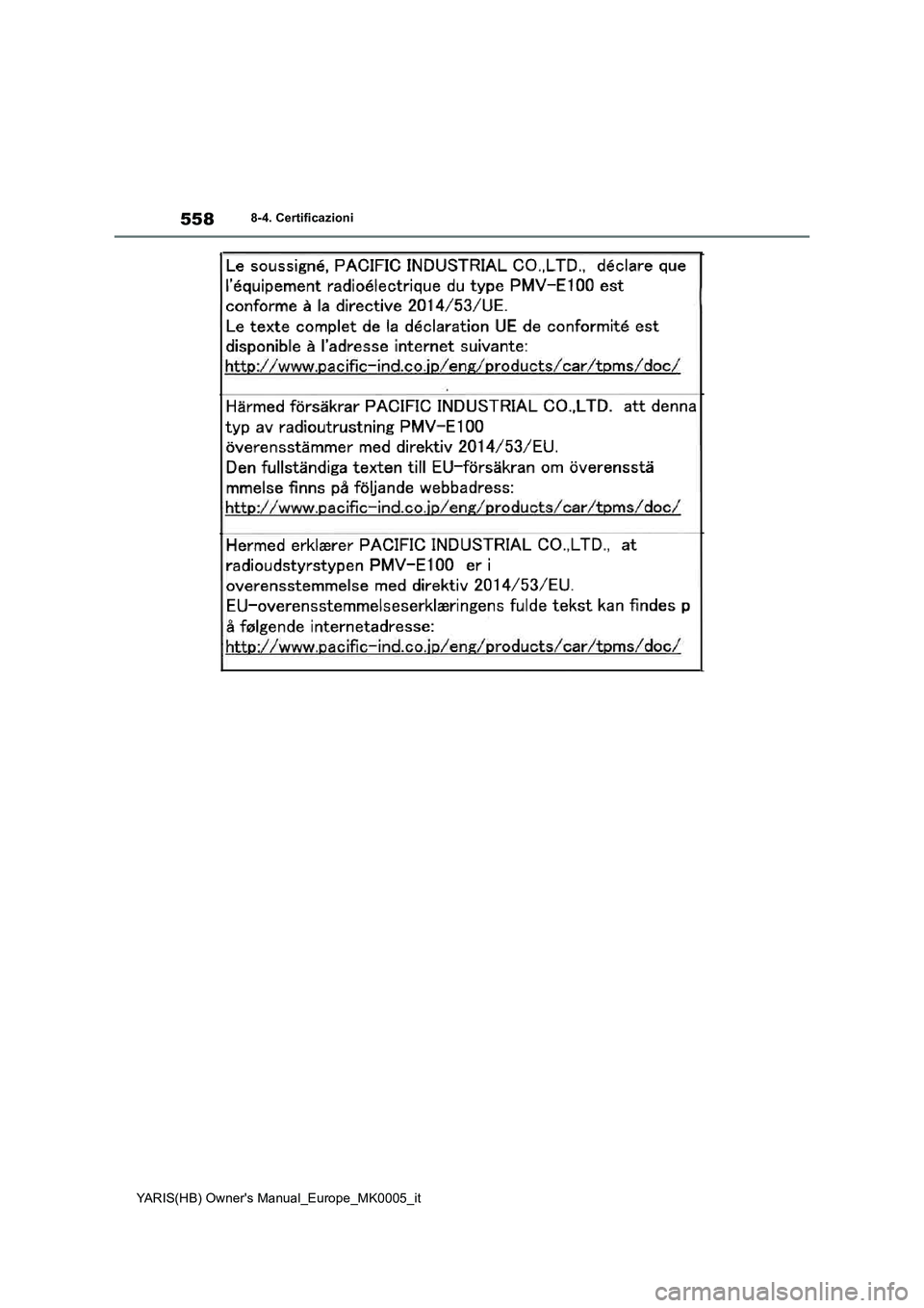 TOYOTA YARIS 2021 Manuale duso (in Italian) 558
YARIS(HB) Owners Manual_Europe_MK0005_it
8-4. Certificazioni TOYOTA YARIS 2021 Manuale duso (in Italian) 558
YARIS(HB) Owners Manual_Europe_MK0005_it
8-4. Certificazioni
