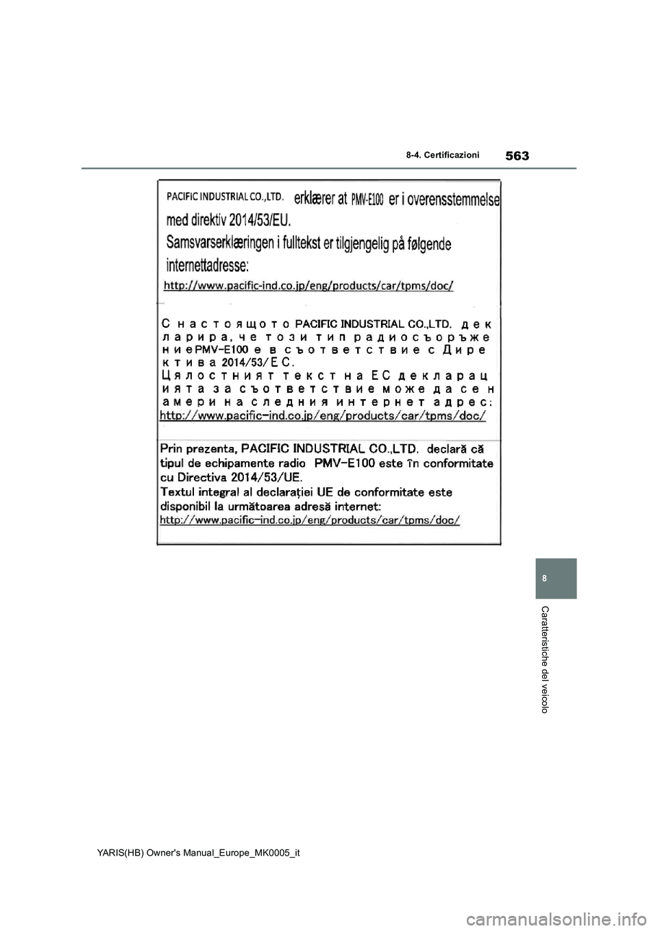 TOYOTA YARIS 2021  Manuale duso (in Italian) 563
8
YARIS(HB) Owners Manual_Europe_MK0005_it
8-4. Certificazioni
Caratteristiche del veicolo 