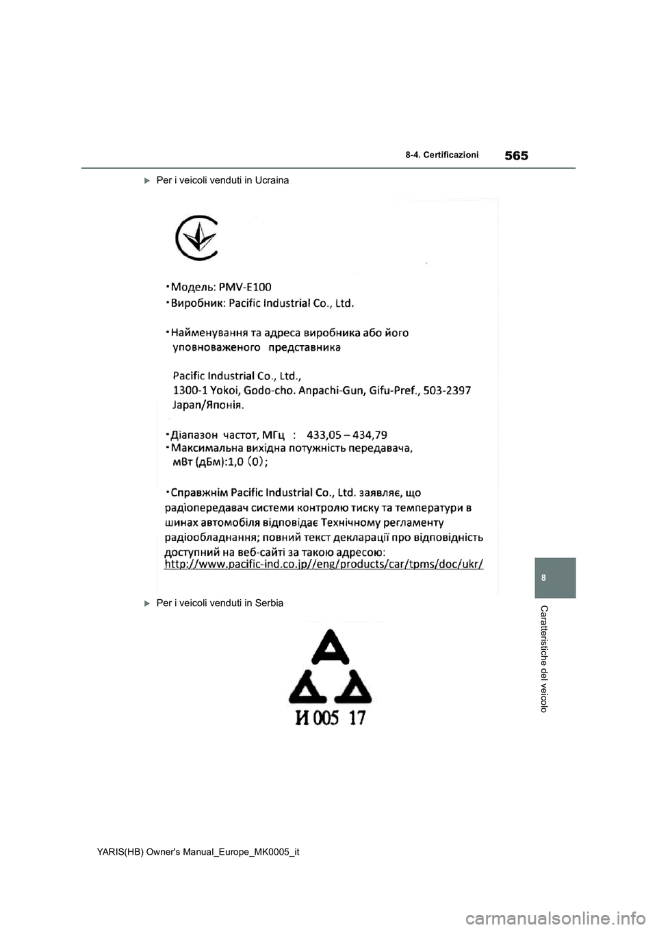 TOYOTA YARIS 2021  Manuale duso (in Italian) 565
8
YARIS(HB) Owners Manual_Europe_MK0005_it
8-4. Certificazioni
Caratteristiche del veicolo
Per i veicoli venduti in Ucraina
Per i veicoli venduti in Serbia 