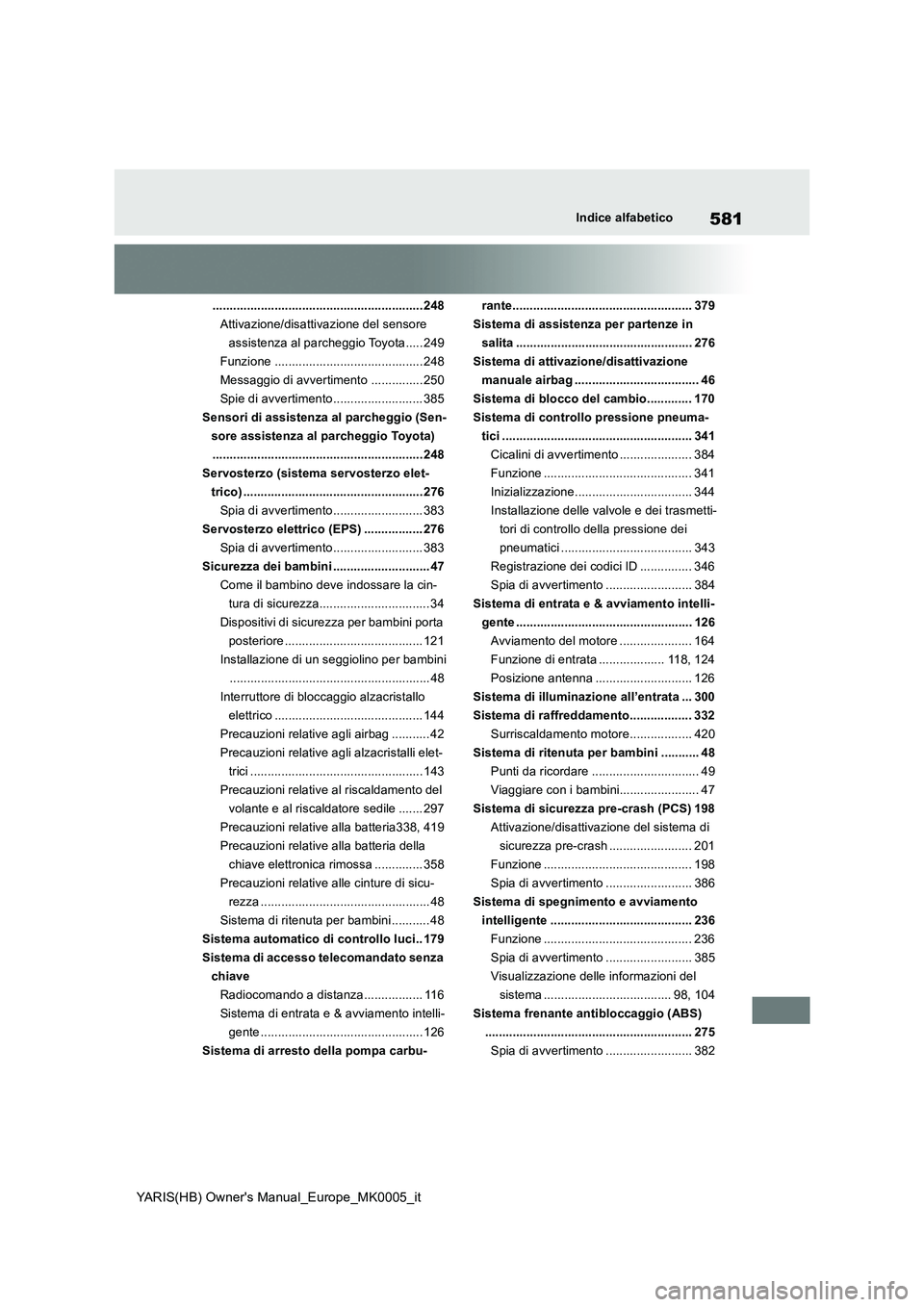 TOYOTA YARIS 2021 Manuale duso (in Italian) 581
YARIS(HB) Owners Manual_Europe_MK0005_it
Indice alfabetico
............................................................. 248
Attivazione/disattivazione del sensore
assistenza al parcheggio Toyot TOYOTA YARIS 2021 Manuale duso (in Italian) 581
YARIS(HB) Owners Manual_Europe_MK0005_it
Indice alfabetico
............................................................. 248
Attivazione/disattivazione del sensore
assistenza al parcheggio Toyot