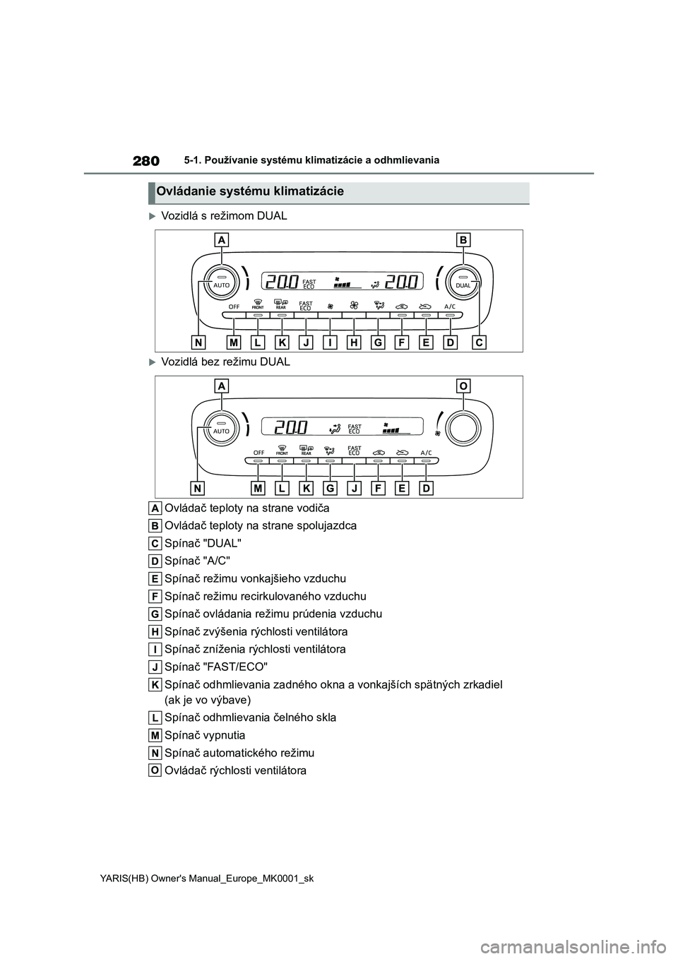 TOYOTA YARIS 2021 Návod na použitie (in Slovakian) 280
YARIS(HB) Owner's Manual_Europe_MK0001_sk
5-1. Používanie systému klimatizácie a odhmlievania
Vozidlá s režimom DUAL
Vozidlá bez režimu DUAL
Ovládač teploty na strane vodiča TOYOTA YARIS 2021 Návod na použitie (in Slovakian) 280
YARIS(HB) Owner's Manual_Europe_MK0001_sk
5-1. Používanie systému klimatizácie a odhmlievania
Vozidlá s režimom DUAL
Vozidlá bez režimu DUAL
Ovládač teploty na strane vodiča