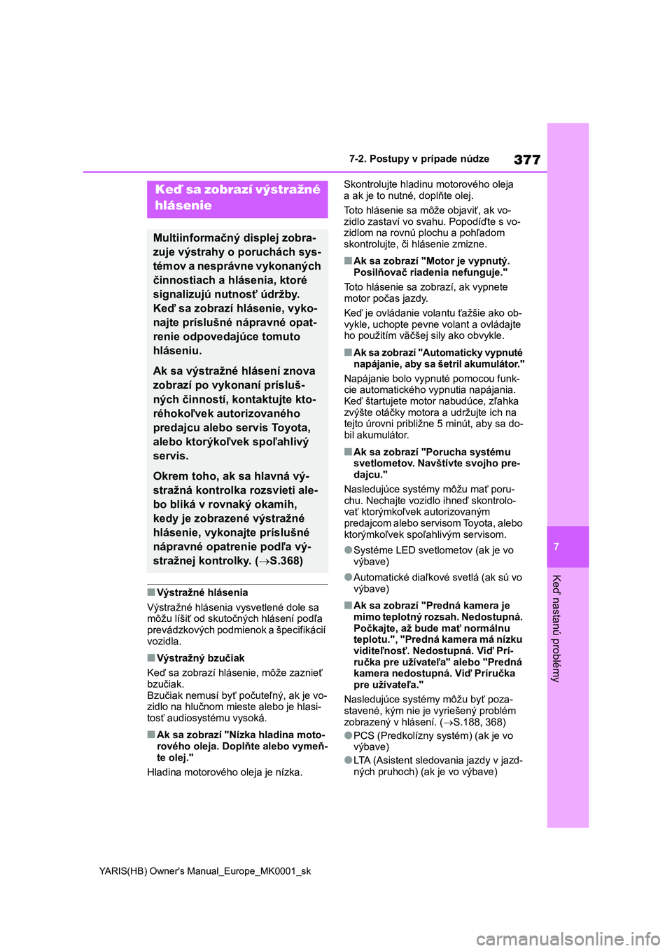 TOYOTA YARIS 2021  Návod na použitie (in Slovakian) 377
7
YARIS(HB) Owner's Manual_Europe_MK0001_sk
7-2. Postupy v prípade núdze
Keď nastanú problémy
■Výstražné hlásenia
Výstražné hlásenia vysvetlené dole sa 
môžu líšiť od skut