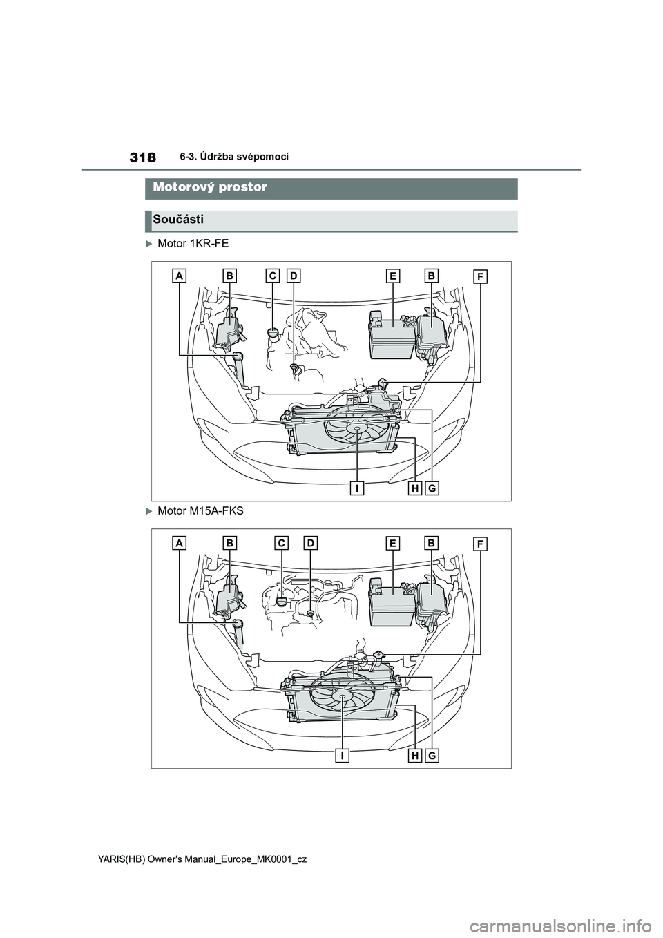 TOYOTA YARIS 2021 Návod na použití (in Czech) 318
YARIS(HB) Owner's Manual_Europe_MK0001_cz
6-3. Údržba svépomocí
Motor 1KR-FE
Motor M15A-FKS
Motorový prostor
Součásti TOYOTA YARIS 2021 Návod na použití (in Czech) 318
YARIS(HB) Owner's Manual_Europe_MK0001_cz
6-3. Údržba svépomocí
Motor 1KR-FE
Motor M15A-FKS
Motorový prostor
Součásti