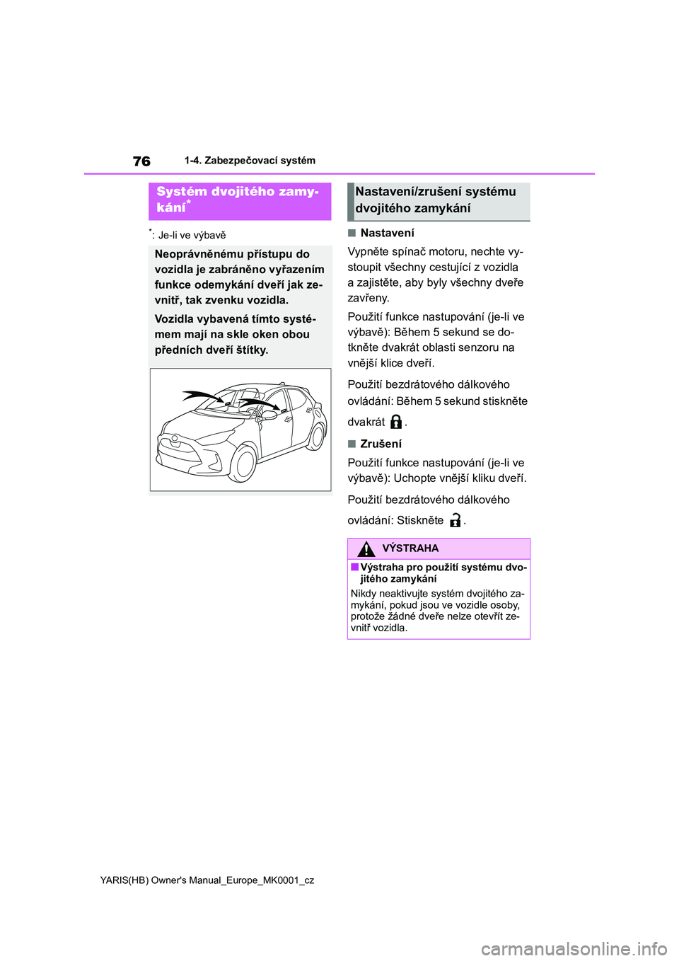 TOYOTA YARIS 2021 Návod na použití (in Czech) 76
YARIS(HB) Owner's Manual_Europe_MK0001_cz
1-4. Zabezpečovací systém
*: Je-li ve výbavě■Nastavení
Vypněte spínač motoru, nechte vy-
stoupit všechny cestující z vozidla
a zajist TOYOTA YARIS 2021 Návod na použití (in Czech) 76
YARIS(HB) Owner's Manual_Europe_MK0001_cz
1-4. Zabezpečovací systém
*: Je-li ve výbavě■Nastavení
Vypněte spínač motoru, nechte vy-
stoupit všechny cestující z vozidla
a zajist