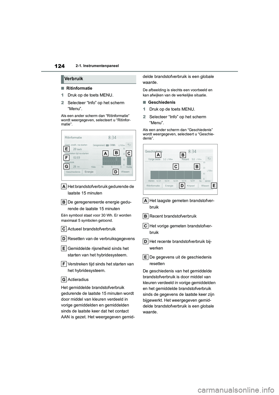 TOYOTA YARIS 2021  Brugsanvisning (in Danish) 124
YARIS(HB) HV Handleiding_Europa_MK0010_nl
2-1. Instrumentenpaneel
■Ritinformatie
1 Druk op de toets MENU.
2 Selecteer “Info” op het scherm 
“Menu”.
Als een ander scherm dan “Ritinforma