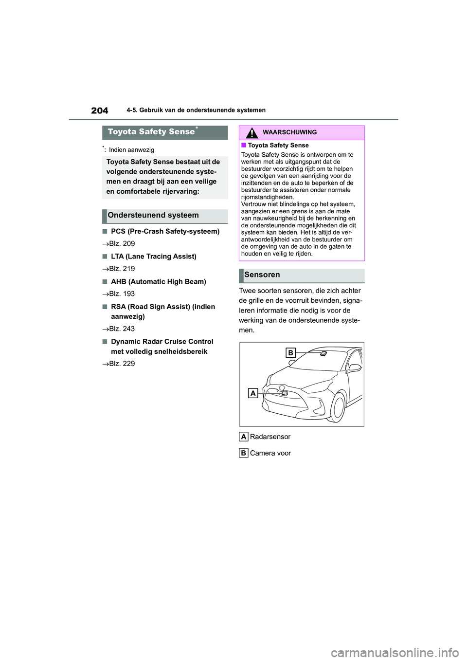 TOYOTA YARIS 2021 Brugsanvisning (in Danish) 204
YARIS(HB) HV Handleiding_Europa_MK0010_nl
4-5. Gebruik van de ondersteunende systemen
4-5.Gebruik van de ondersteunende systemen
*: Indien aanwezig
■PCS (Pre-Crash Safety-systeem)
Blz. 209
TOYOTA YARIS 2021 Brugsanvisning (in Danish) 204
YARIS(HB) HV Handleiding_Europa_MK0010_nl
4-5. Gebruik van de ondersteunende systemen
4-5.Gebruik van de ondersteunende systemen
*: Indien aanwezig
■PCS (Pre-Crash Safety-systeem)
Blz. 209