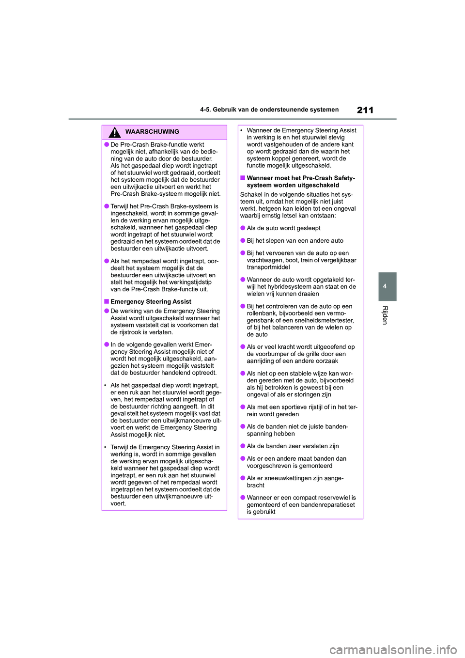 TOYOTA YARIS 2021 Brugsanvisning (in Danish) 211
4
YARIS(HB) HV Handleiding_Europa_MK0010_nl
4-5. Gebruik van de ondersteunende systemen
Rijden
WAARSCHUWING
●De Pre-Crash Brake-functie werkt
mogelijk niet, afhankelijk van de bedie-
ning van d TOYOTA YARIS 2021 Brugsanvisning (in Danish) 211
4
YARIS(HB) HV Handleiding_Europa_MK0010_nl
4-5. Gebruik van de ondersteunende systemen
Rijden
WAARSCHUWING
●De Pre-Crash Brake-functie werkt
mogelijk niet, afhankelijk van de bedie-
ning van d