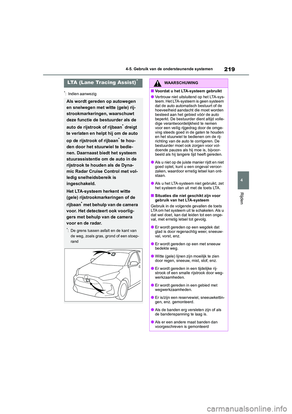 TOYOTA YARIS 2021 Brugsanvisning (in Danish) 219
4
YARIS(HB) HV Handleiding_Europa_MK0010_nl
4-5. Gebruik van de ondersteunende systemen
Rijden
*: Indien aanwezig
LTA (Lane Tracing Assist)*
Als wordt gereden op autowegen
en snelwegen met witte TOYOTA YARIS 2021 Brugsanvisning (in Danish) 219
4
YARIS(HB) HV Handleiding_Europa_MK0010_nl
4-5. Gebruik van de ondersteunende systemen
Rijden
*: Indien aanwezig
LTA (Lane Tracing Assist)*
Als wordt gereden op autowegen
en snelwegen met witte