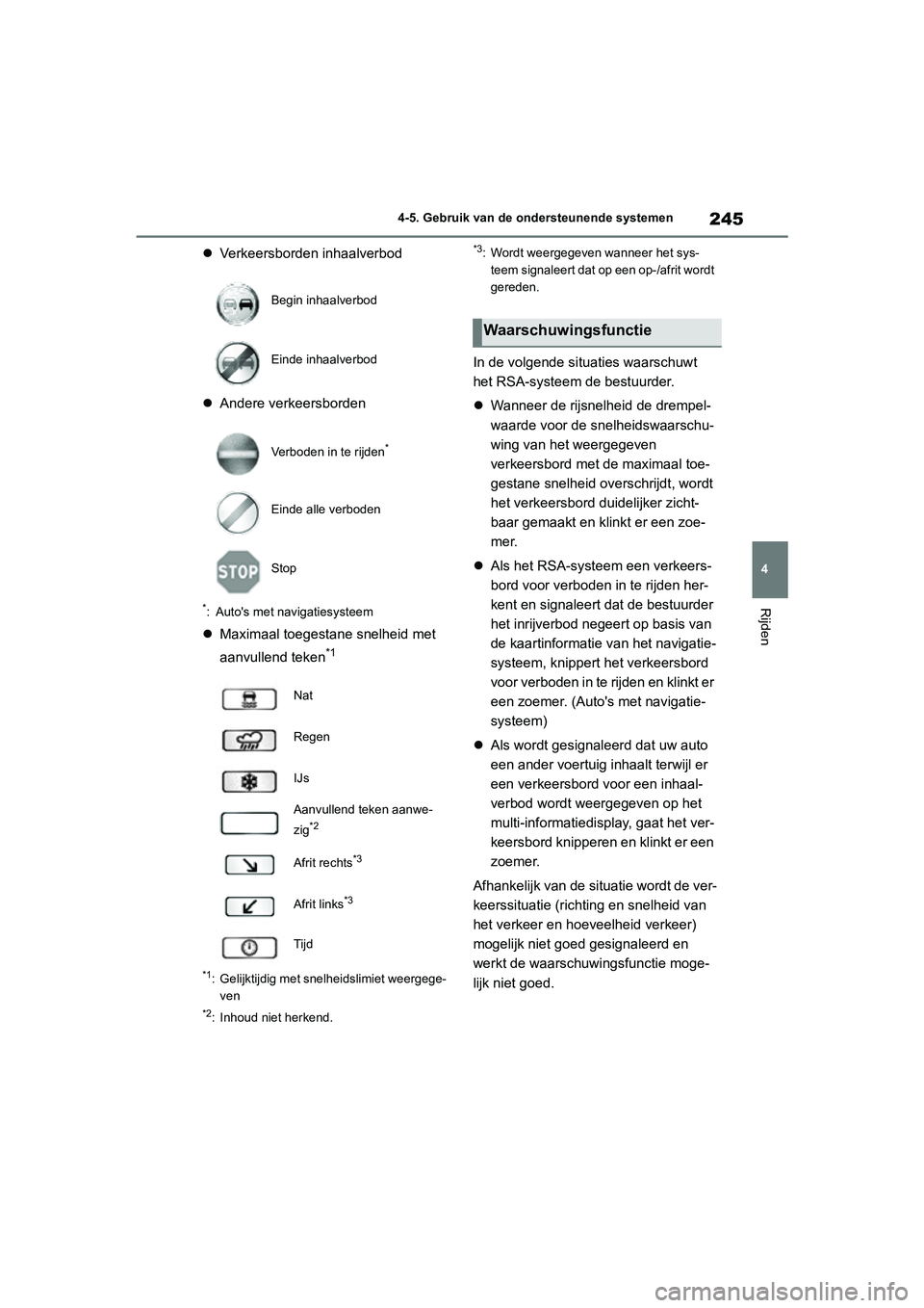 TOYOTA YARIS 2021 Brugsanvisning (in Danish) 245
4
YARIS(HB) HV Handleiding_Europa_MK0010_nl
4-5. Gebruik van de ondersteunende systemen
Rijden
Verkeersborden inhaalverbod
Andere verkeersborden
*: Autos met navigatiesysteem
Maximaal t TOYOTA YARIS 2021 Brugsanvisning (in Danish) 245
4
YARIS(HB) HV Handleiding_Europa_MK0010_nl
4-5. Gebruik van de ondersteunende systemen
Rijden
Verkeersborden inhaalverbod
Andere verkeersborden
*: Autos met navigatiesysteem
Maximaal t