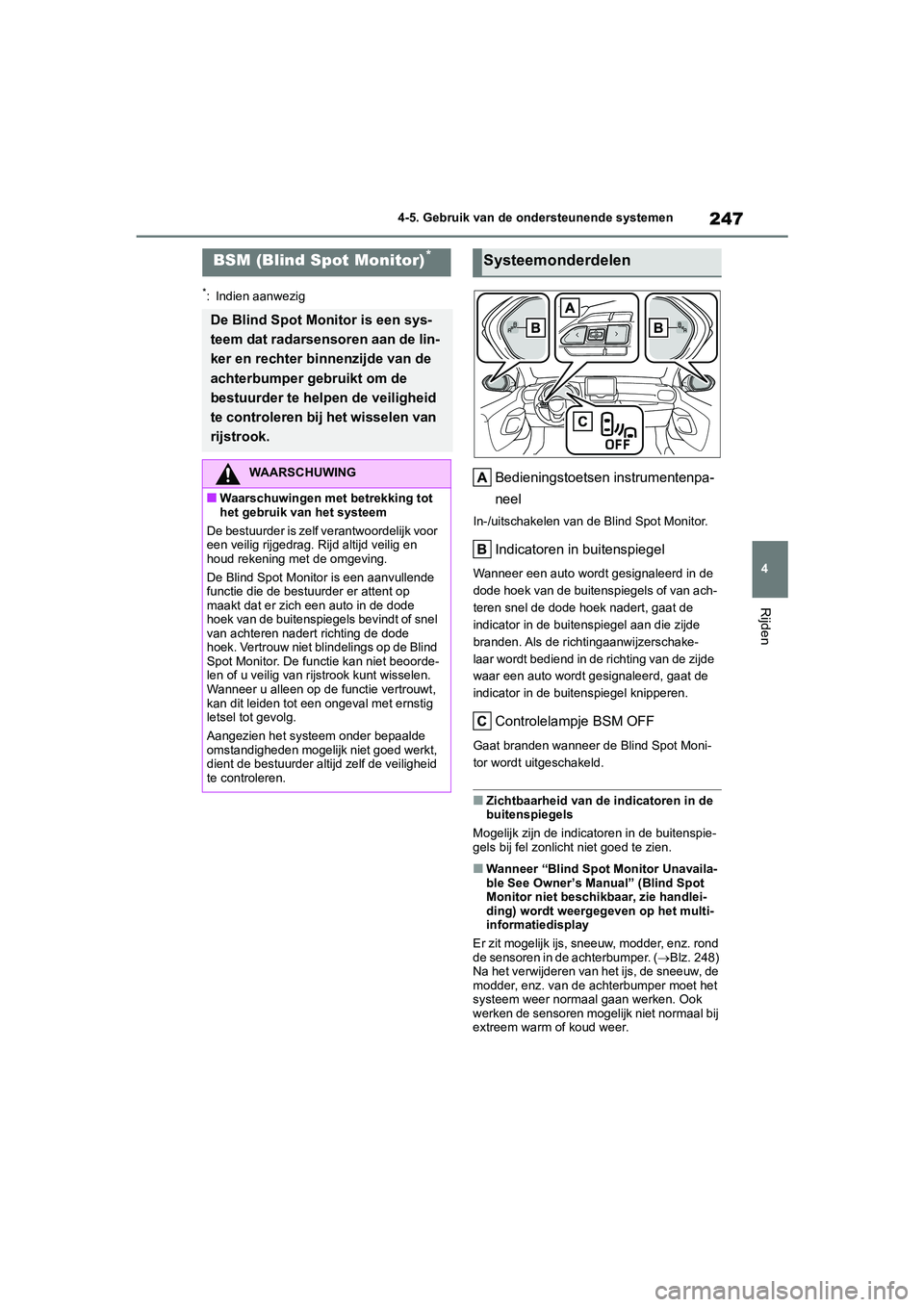 TOYOTA YARIS 2021 Brugsanvisning (in Danish) 247
4
YARIS(HB) HV Handleiding_Europa_MK0010_nl
4-5. Gebruik van de ondersteunende systemen
Rijden
*: Indien aanwezig
Bedieningstoetsen instrumentenpa-
neel
In-/uitschakelen van de Blind Spot Monitor. TOYOTA YARIS 2021 Brugsanvisning (in Danish) 247
4
YARIS(HB) HV Handleiding_Europa_MK0010_nl
4-5. Gebruik van de ondersteunende systemen
Rijden
*: Indien aanwezig
Bedieningstoetsen instrumentenpa-
neel
In-/uitschakelen van de Blind Spot Monitor.