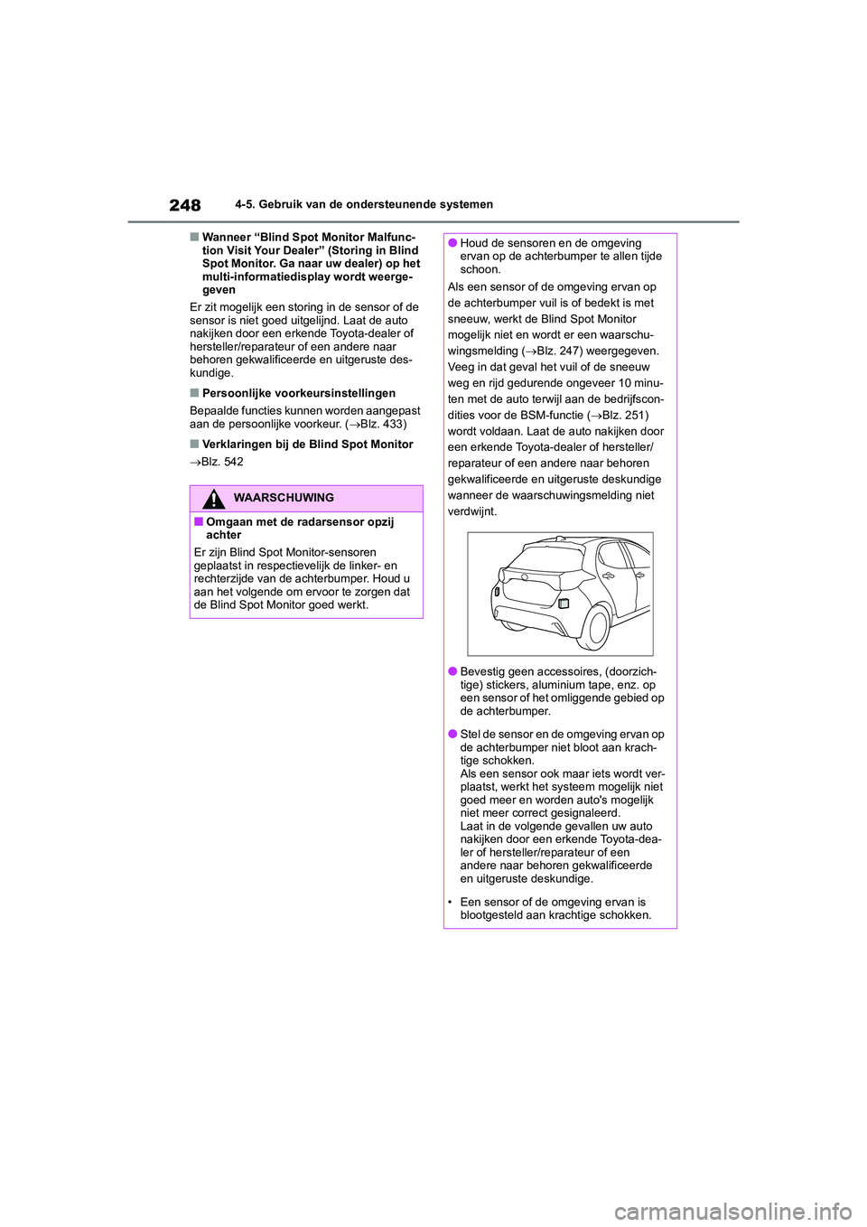 TOYOTA YARIS 2021 Brugsanvisning (in Danish) 248
YARIS(HB) HV Handleiding_Europa_MK0010_nl
4-5. Gebruik van de ondersteunende systemen
■Wanneer “Blind Spot Monitor Malfunc-
tion Visit Your Dealer” (Storing in Blind
Spot Monitor. Ga naar u TOYOTA YARIS 2021 Brugsanvisning (in Danish) 248
YARIS(HB) HV Handleiding_Europa_MK0010_nl
4-5. Gebruik van de ondersteunende systemen
■Wanneer “Blind Spot Monitor Malfunc-
tion Visit Your Dealer” (Storing in Blind
Spot Monitor. Ga naar u