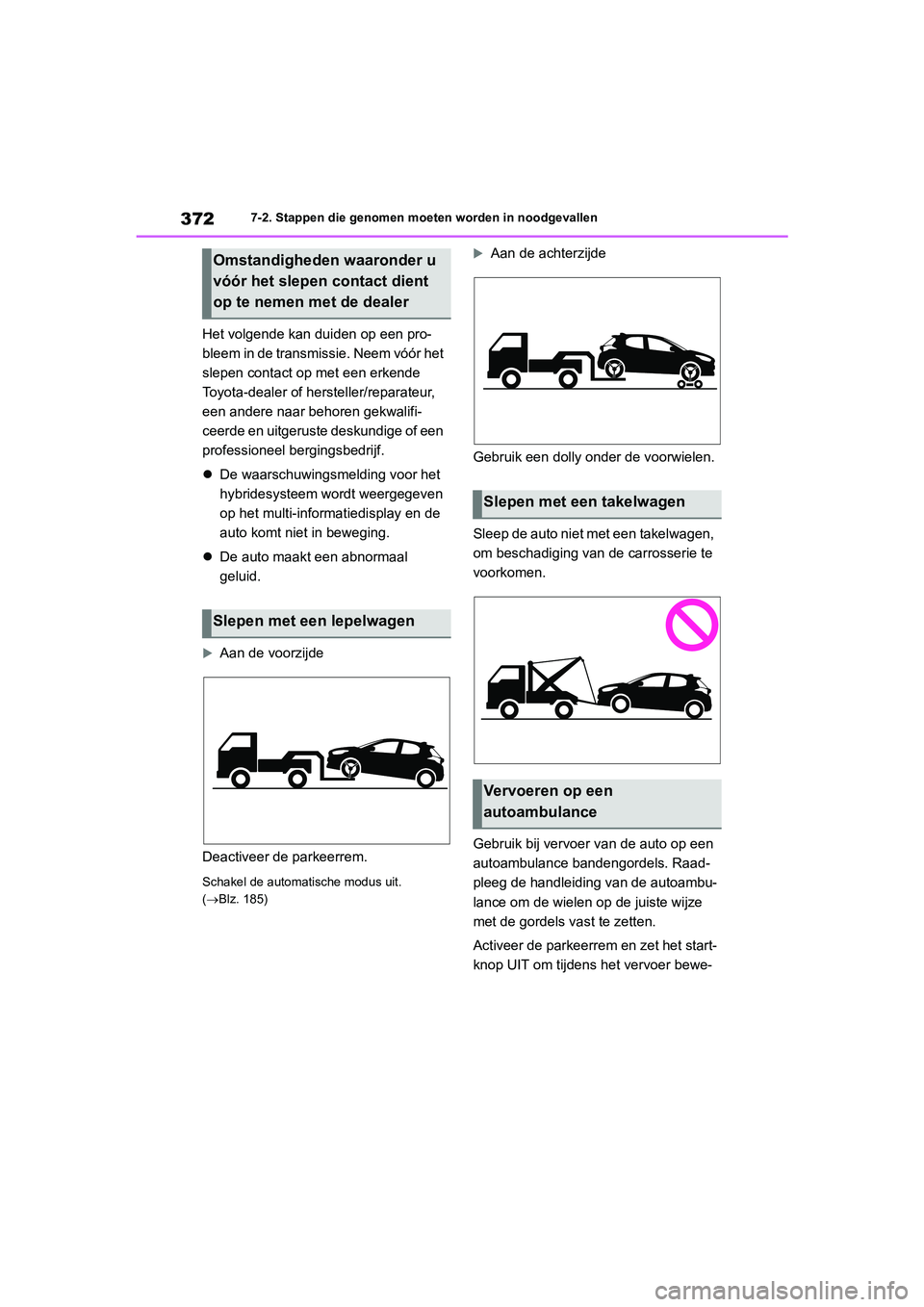 TOYOTA YARIS 2021 Brugsanvisning (in Danish) 372
YARIS(HB) HV Handleiding_Europa_MK0010_nl
7-2. Stappen die genomen moeten worden in noodgevallen
Het volgende kan duiden op een pro-
bleem in de transmissie. Neem vóór het
slepen contact op met TOYOTA YARIS 2021 Brugsanvisning (in Danish) 372
YARIS(HB) HV Handleiding_Europa_MK0010_nl
7-2. Stappen die genomen moeten worden in noodgevallen
Het volgende kan duiden op een pro-
bleem in de transmissie. Neem vóór het
slepen contact op met