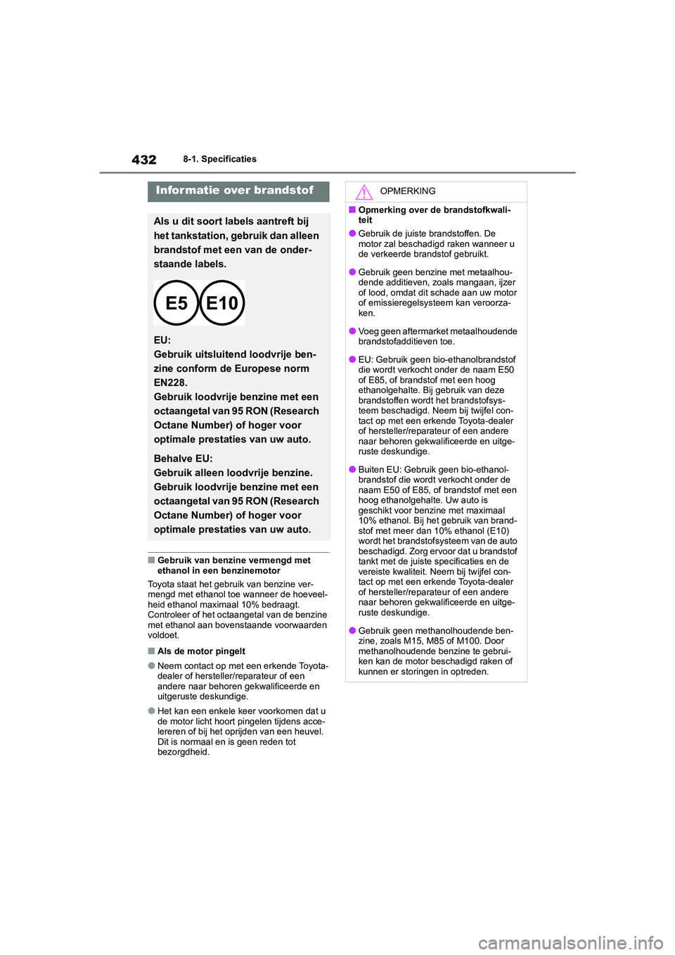TOYOTA YARIS 2021 Brugsanvisning (in Danish) 432
YARIS(HB) HV Handleiding_Europa_MK0010_nl
8-1. Specificaties
■Gebruik van benzine vermengd met
ethanol in een benzinemotor
Toyota staat het gebruik van benzine ver-
mengd met ethanol toe wannee TOYOTA YARIS 2021 Brugsanvisning (in Danish) 432
YARIS(HB) HV Handleiding_Europa_MK0010_nl
8-1. Specificaties
■Gebruik van benzine vermengd met
ethanol in een benzinemotor
Toyota staat het gebruik van benzine ver-
mengd met ethanol toe wannee